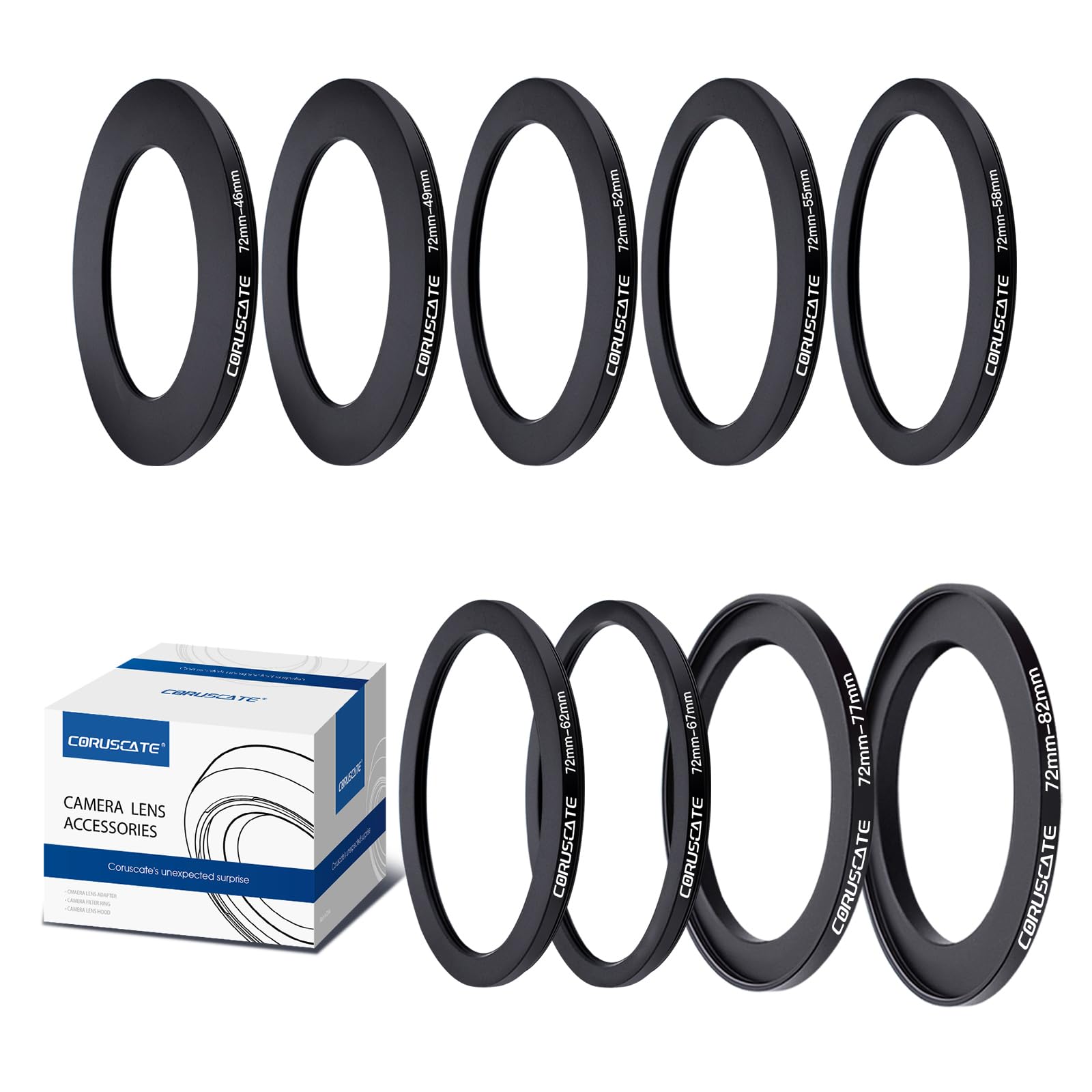 9Pcs 72mm Filter Ring Adapter Set,Filter Metal Stepping Rings for All Brands UV ND CPL 72-46mm,72-49mm,72-52mm,72-55mm,72-58mm,72-62mm,72-67mm,72-77mm,72-82mm