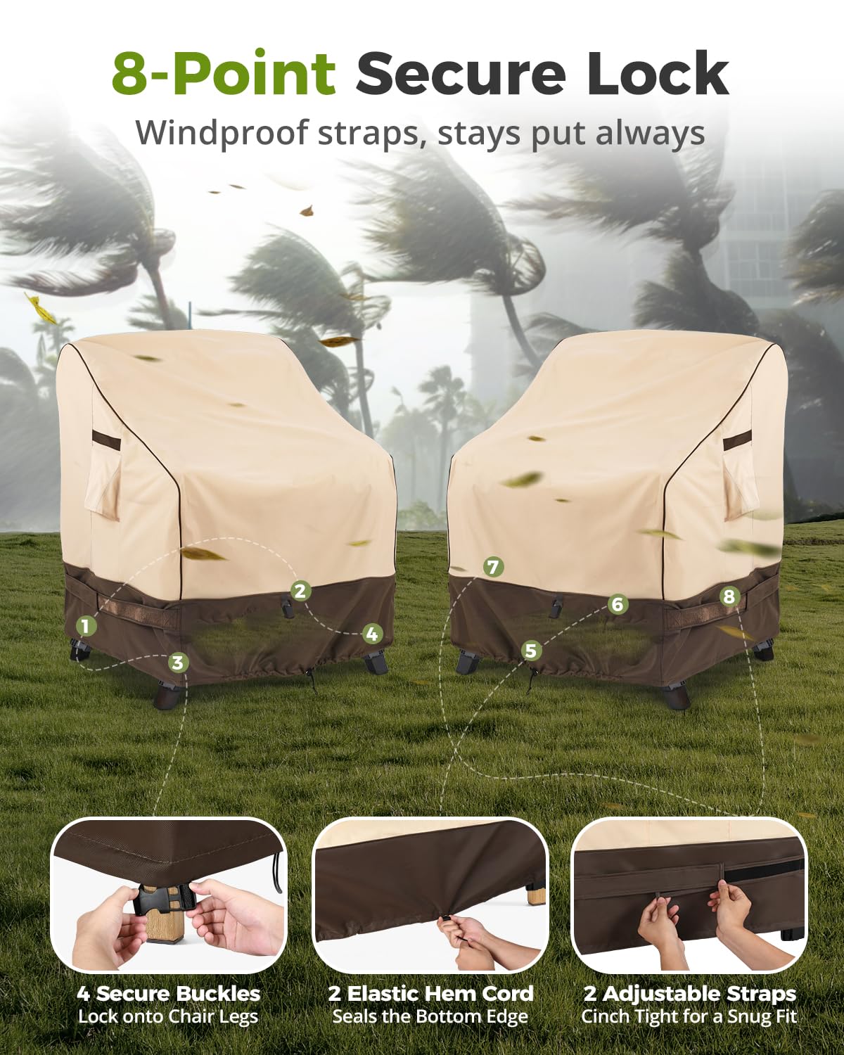 KylinLucky Wasserdichte Abdeckung für Terrassenmöbel, 73 x 76 x 91 cm, 2 Stück, für Gartenstuhl, Khaki