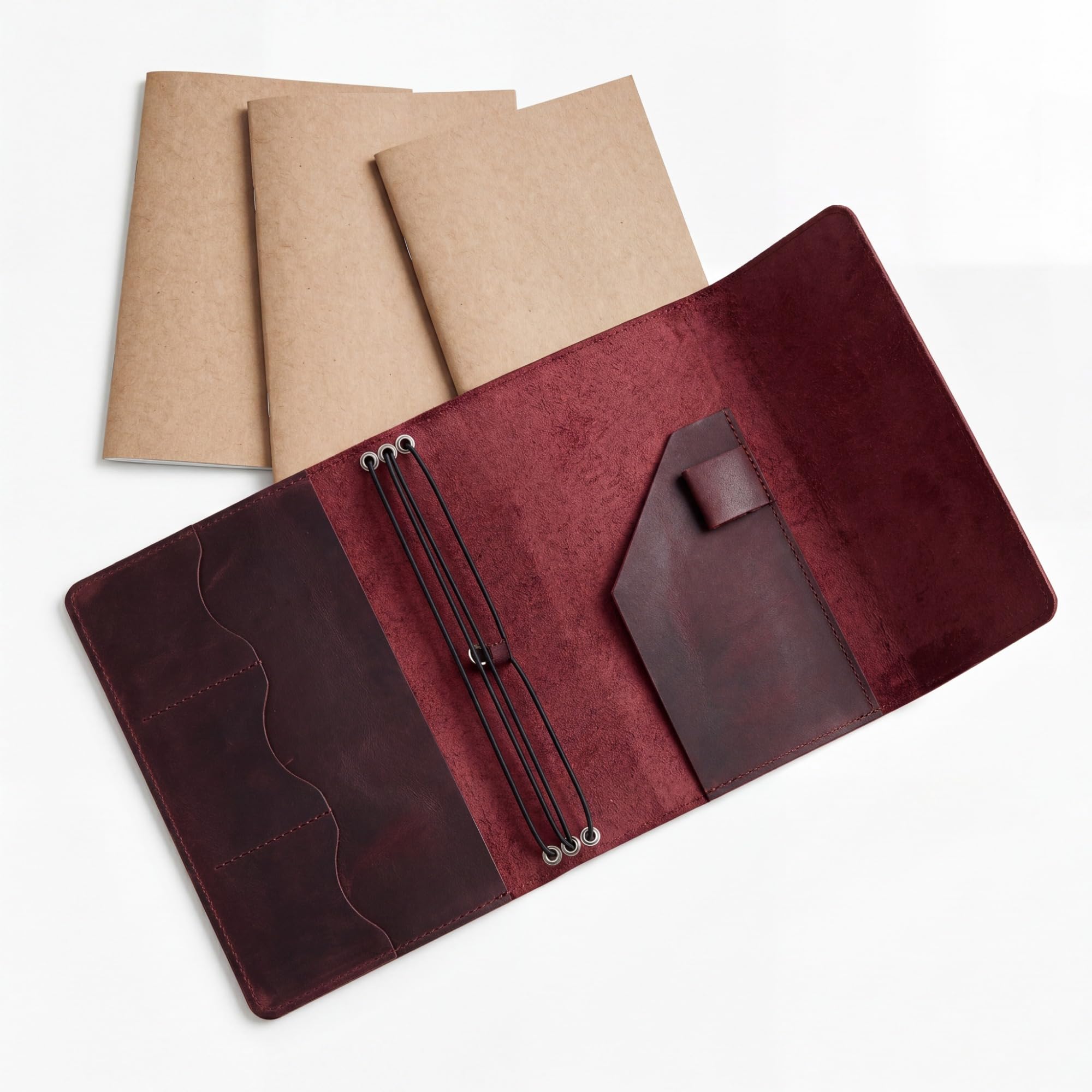 Sabary Juego de 4 fundas para cuaderno de viajeros, 3 cuadernos A5 de piel auténtica, rellenables, A5, con bolsillos interiores, ranuras para tarjetas, soporte para bolígrafos para notas de viñetas