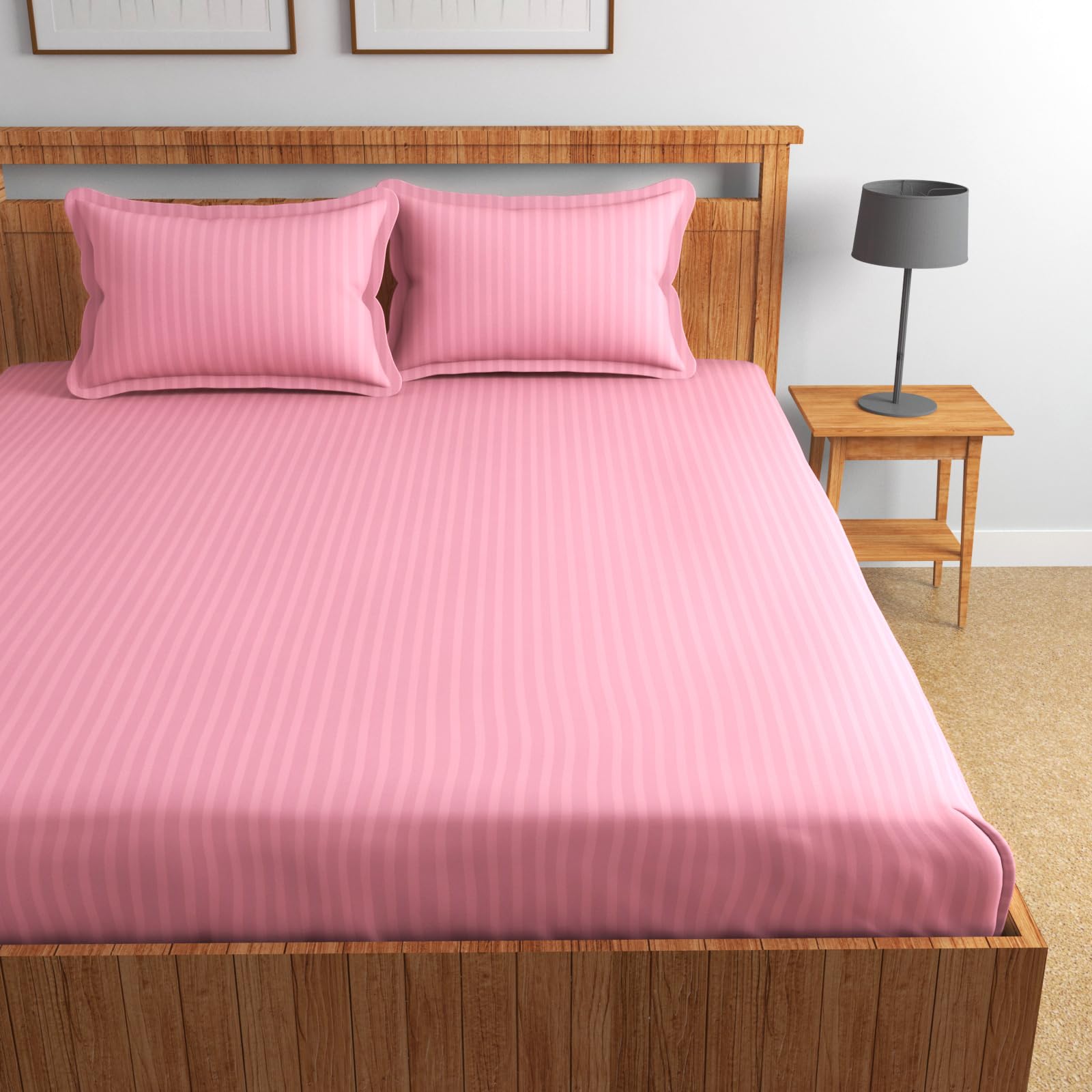 Homefab India 160 TC Stripe Glace Cotton Double BedSheet with 2 Pillow Covers - (90x90 inches) - Baby Pink