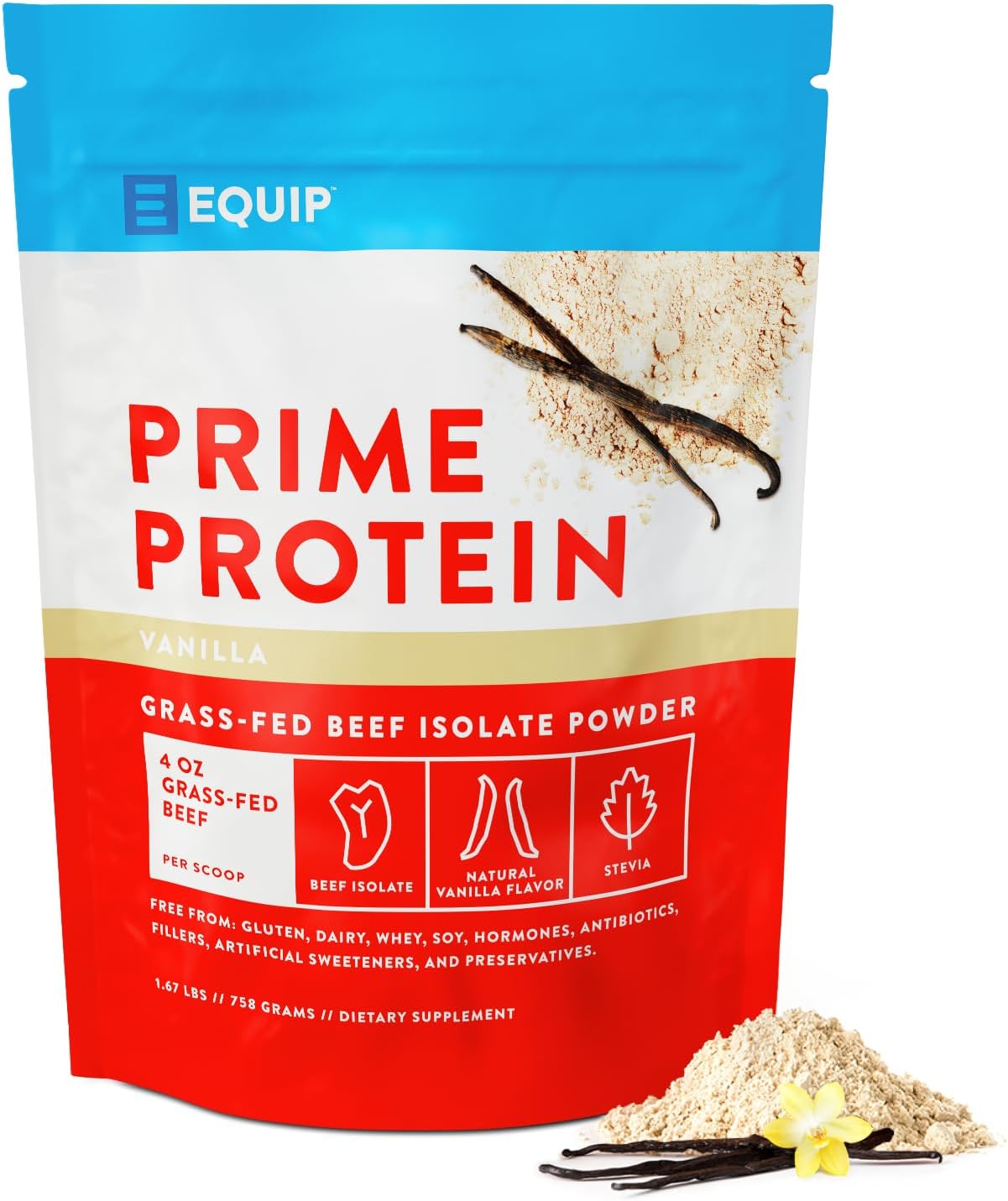 Equip Foods Prime Protein Powder | Clean, Grass Fed Beef Protein Powder | Carnivore Protein Isolate | Paleo, Keto Friendly | Gluten & Dairy Free | Helps Build & Repair Tissue | 30 Servings, Vanilla - Vanilla flavor protein powder by Equip