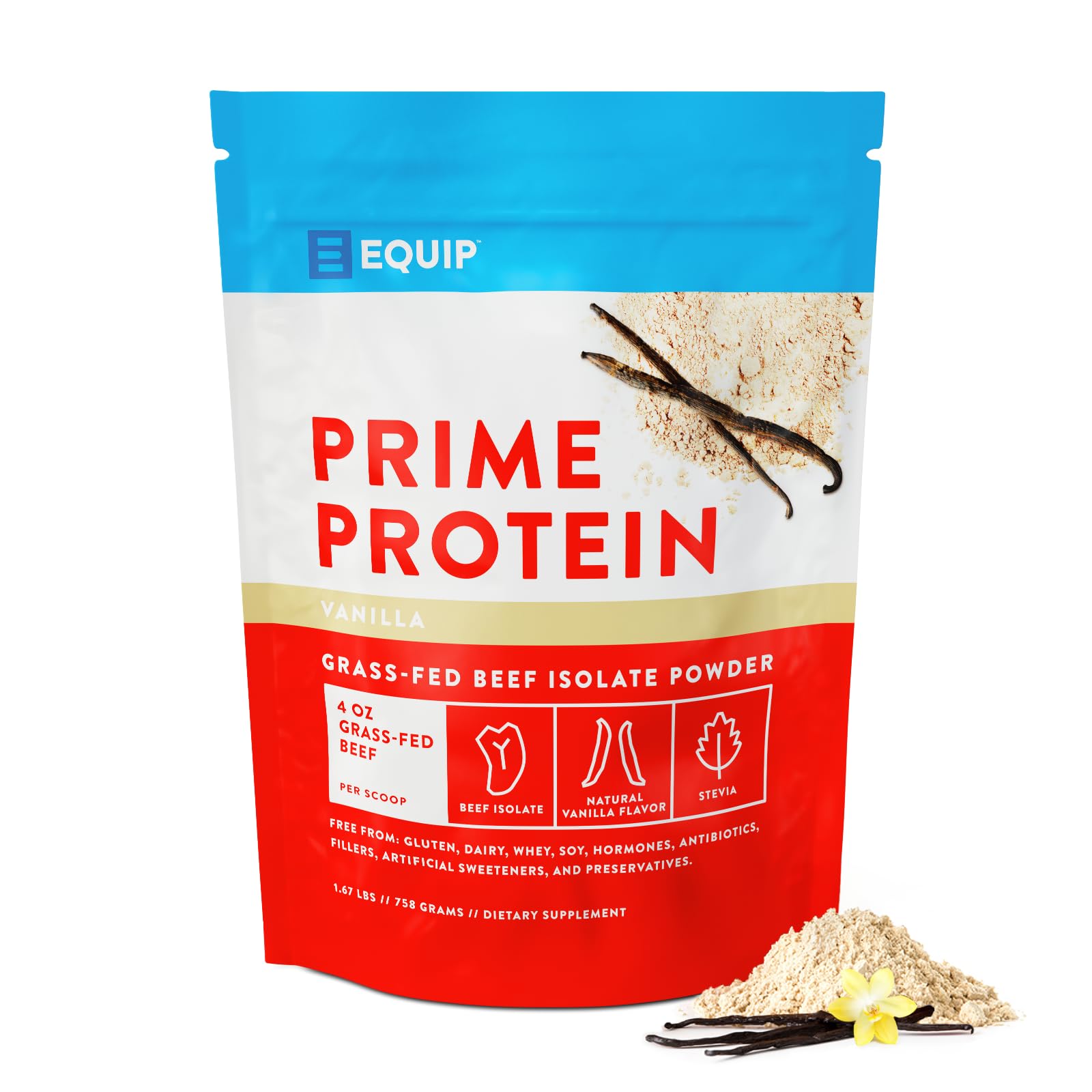 Equip Foods Prime Protein Powder | Clean, Grass Fed Beef Protein Powder | Carnivore Protein Isolate | Paleo, Keto Friendly | Gluten & Dairy Free | Helps Build & Repair Tissue | 30 Servings, Vanilla