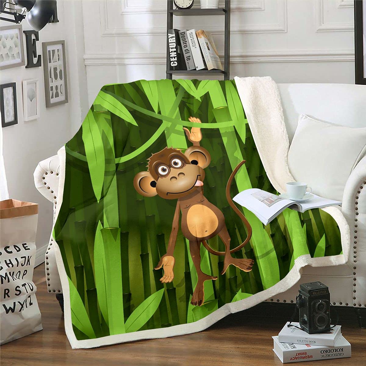 Homemissing Kids Cute Monkeys Sherpa Blanket Cartoon Monkey Bamboo Fleece Throw Blanket Kids Girls Boys Wild Animal Pattern Fuzzy For Sofa Bed,Double 60x79 Inch
