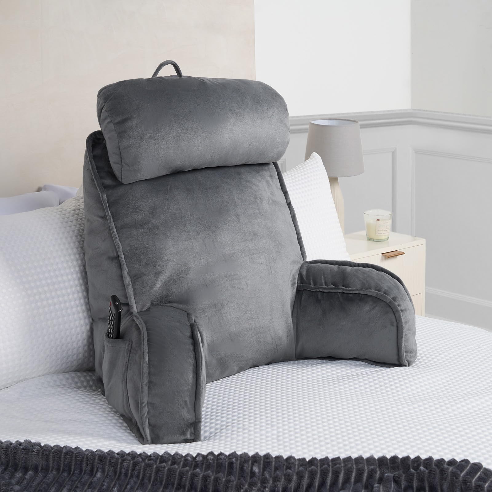 Ohs Men's Grey Cuddle Cushion With Head Rest, Detachable Neck Roll Reading Pillow For Bed Adult Kids Soft High Back Support Cushion With Arms & Pocket Gaming Cushions For Boys Girls Sit Up In Bed Pillow,