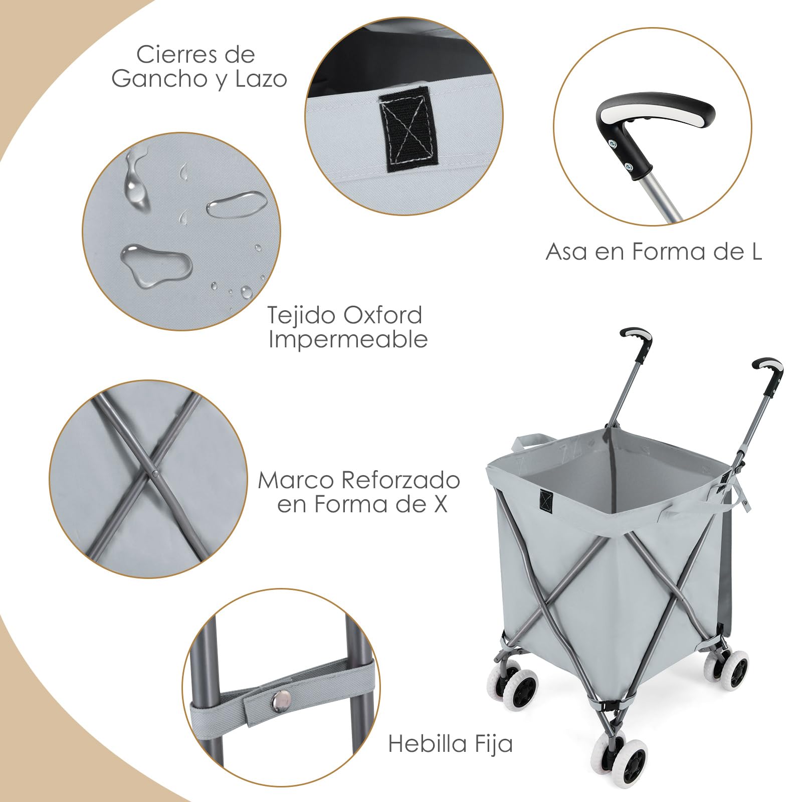 COSTWAY 90L Carro de Compras Plegable con 4 Ruedas y Bolsa de 600D Tela Oxford Extraíble, Carrito para Supermercado, Carga hasta 55 kg, Gris