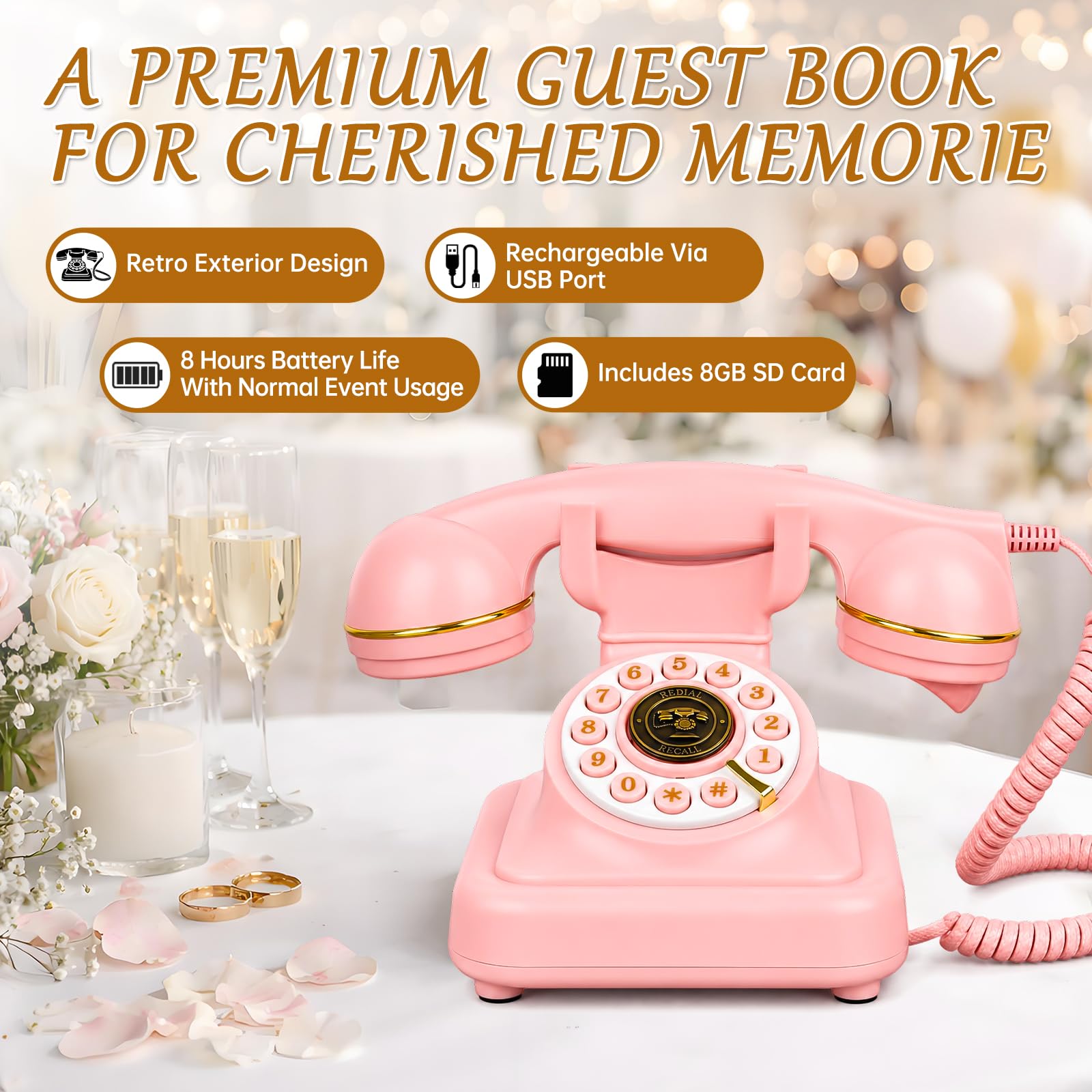 Audio księga gości weselnych, telefon w stylu vintage, z pudełkiem prezentowym premium na specjalne okazje, wieczór panieński, urodziny, baby shower, jubileusz, zaręczyny