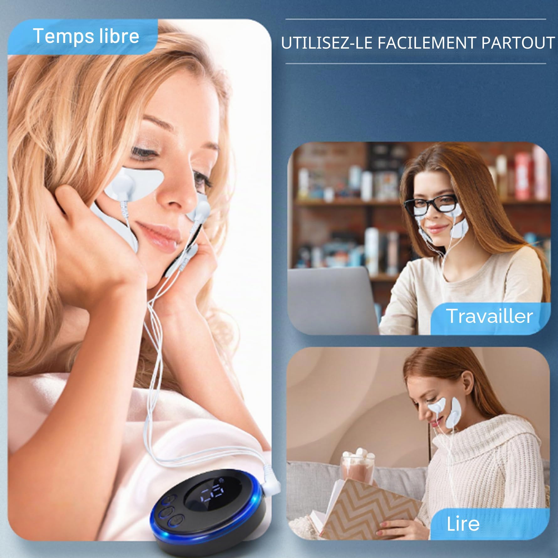 Appareil de massage facial avec patchs 8 modes stimulateur musculaire du visage appareil de lifting du visage à microcourant à 19 vitesses pour l'amincissement et le lifting
