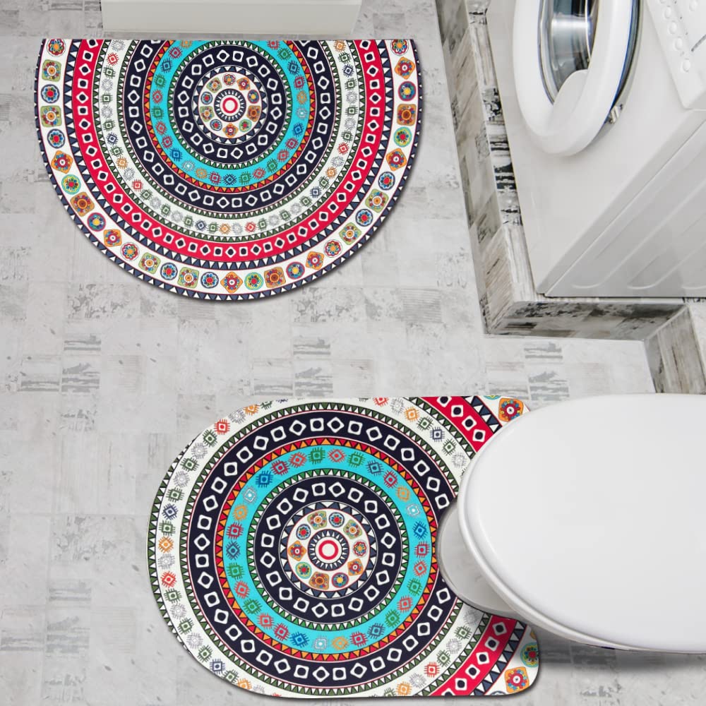 2 Pcs Diatomaceous Earth Half Round Bath Mat and U-Shaped Toilet Carpet,Absorbent Red Colorful Boho Bathroom Rug Set,for Bathtub,Shower Room,Sink,26''x18''+26''x20'' (e5)