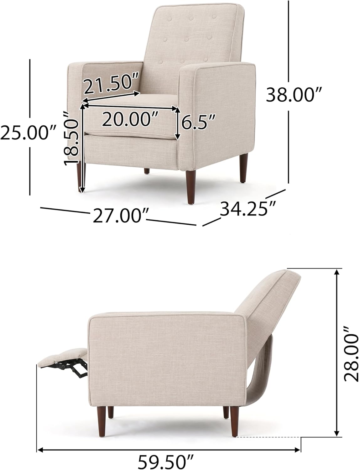 CITYLIGHT Mid Century Modern Accent Chair, Single Recliner Sofa with Thicker Seat Cushion and Wood Legs, Fabric Upholstered Lounge Chair for Living Room, Bedroom, Office, Beige