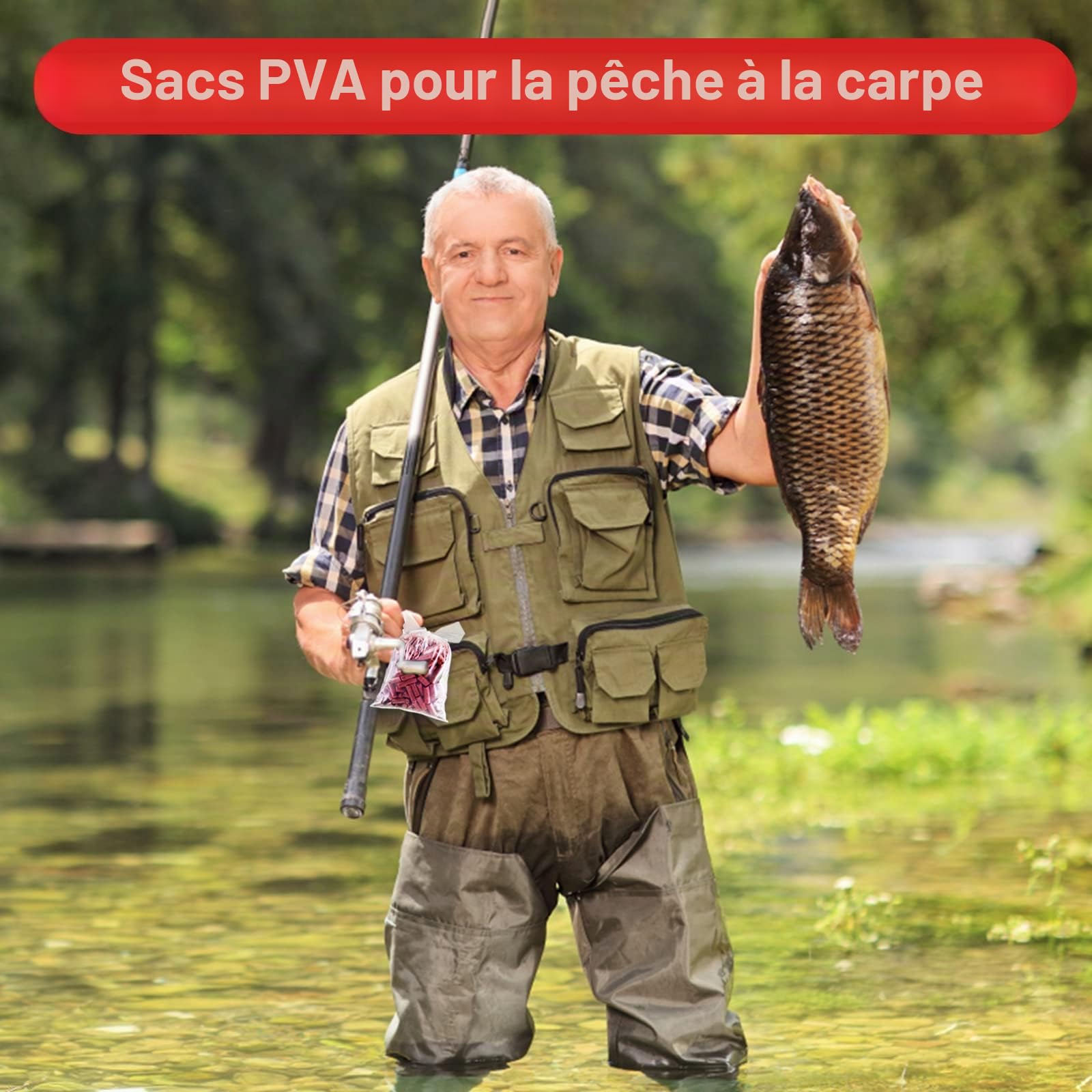 Realure Lot de 100 sachets PVA pour pêche à la carpe, sacs PVA à dissolution rapide pour bouillettes, carpe, nourriture, maïs en conserve, farine de poisson, pellets, 50 x 100 mm, 70 x 100 mm