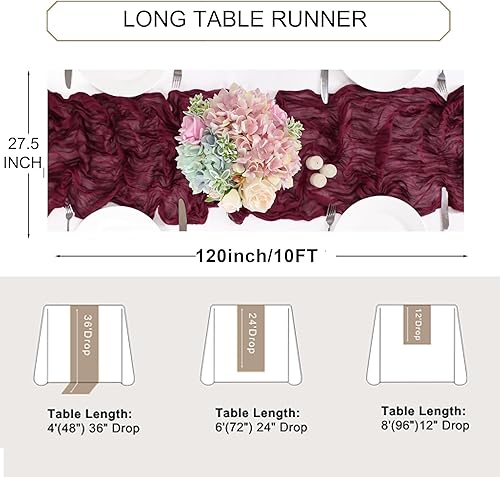 Miniatura 7 de Snowkingdom - 6 caminos de mesa de gasa traslúcida color rojo burdeos, 10 pies120 pulgadas de largo, bohemios, para bodas, fiesta del bebé,