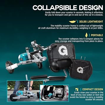 G 3 Wheel Folding Mobility Scooter Plus - Electric Powered, Airline Friendly - Long Range Travel w/ 2 Detachable 48V Lithium-ion Batteries and Charger Max Load of 330lbs