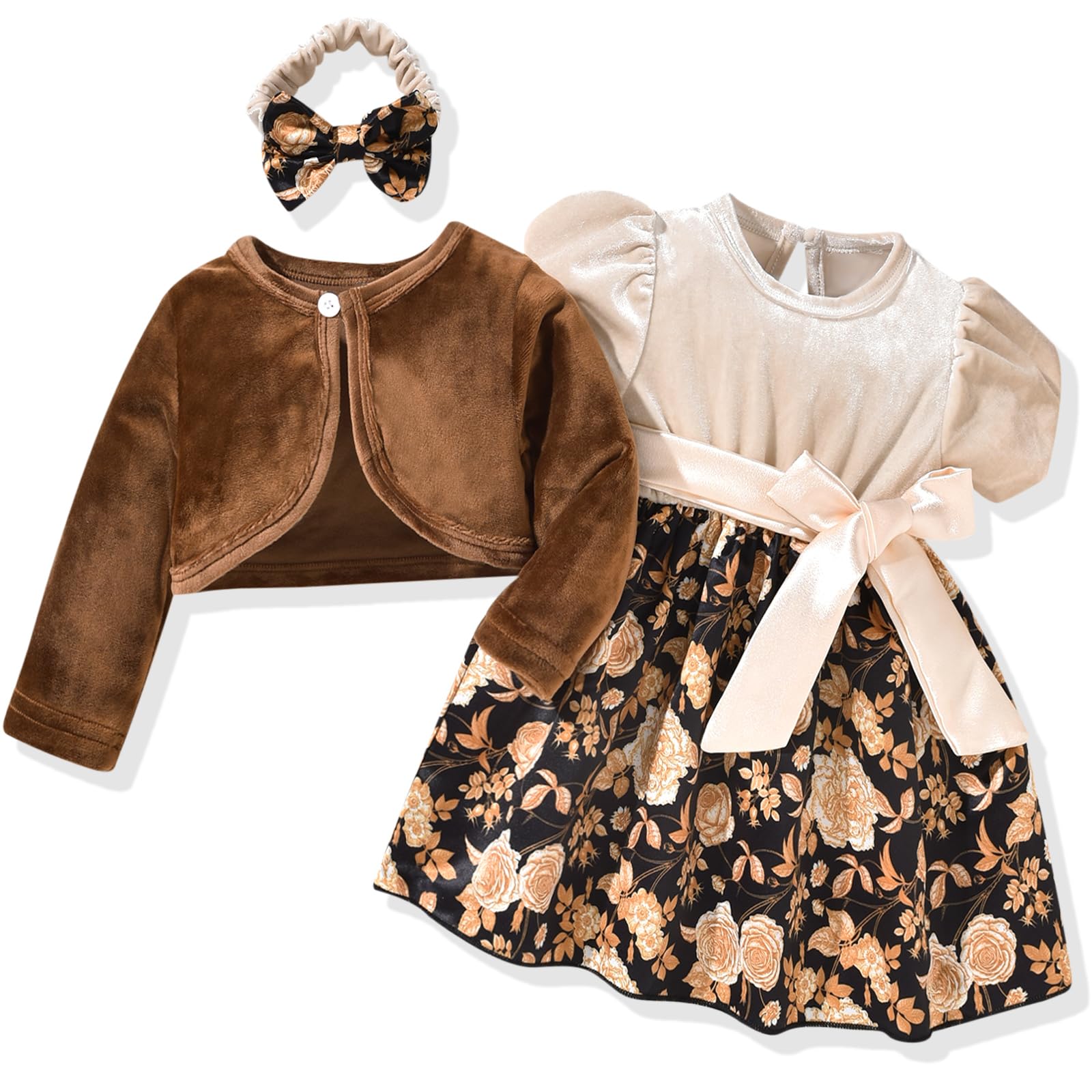 fioukiay Baby Girls Dress and Velvet Cardigan Sets Infant Girls Casual Floral Print Fall Dresses Winter with Headband