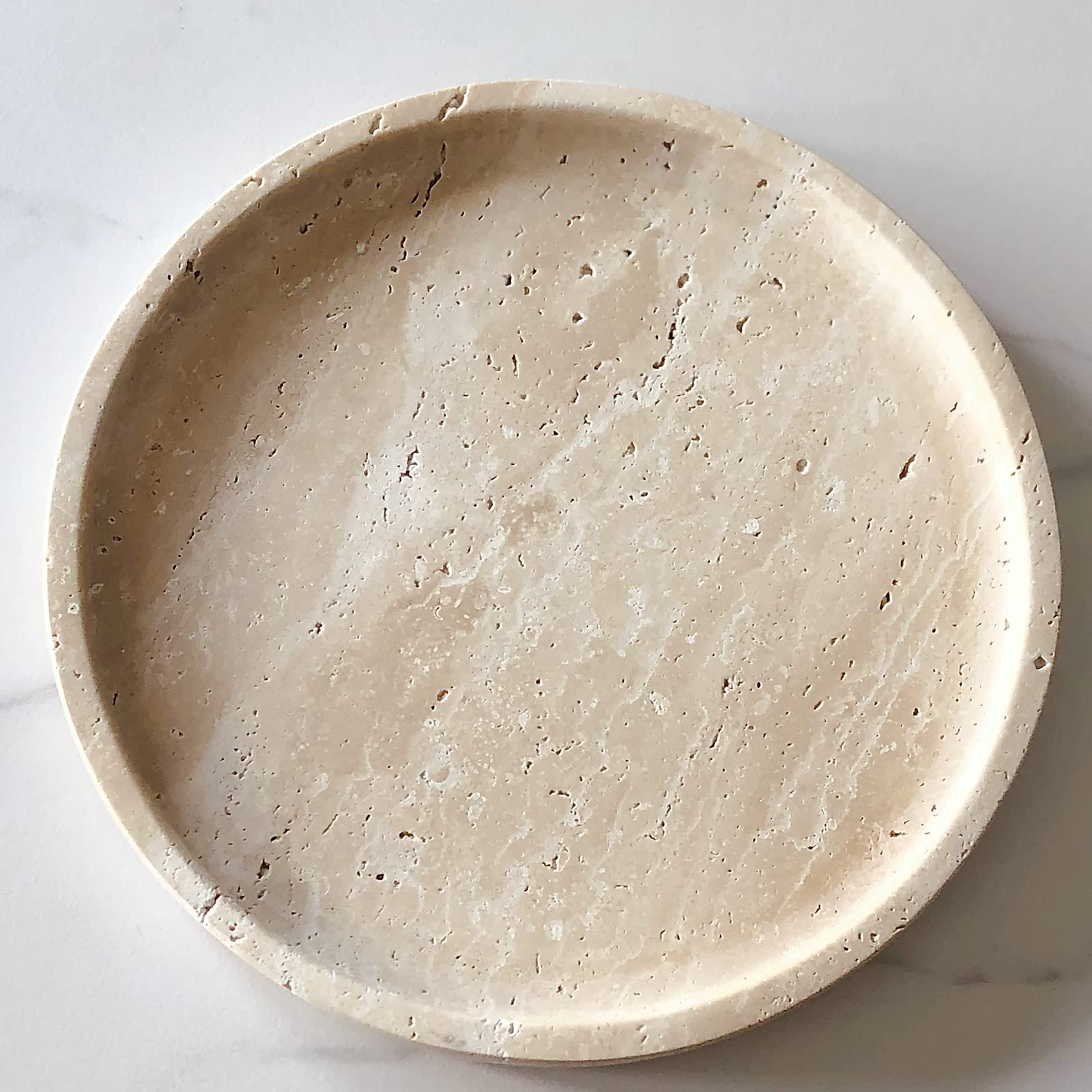 SAIDKOCC Round Marble Tray Bathroom Vanity Tray Serving Tray Countertop Organizer for Coffee Perfume Towel Dresser Jewelry Cosmetic Dish (Beige Travertine)