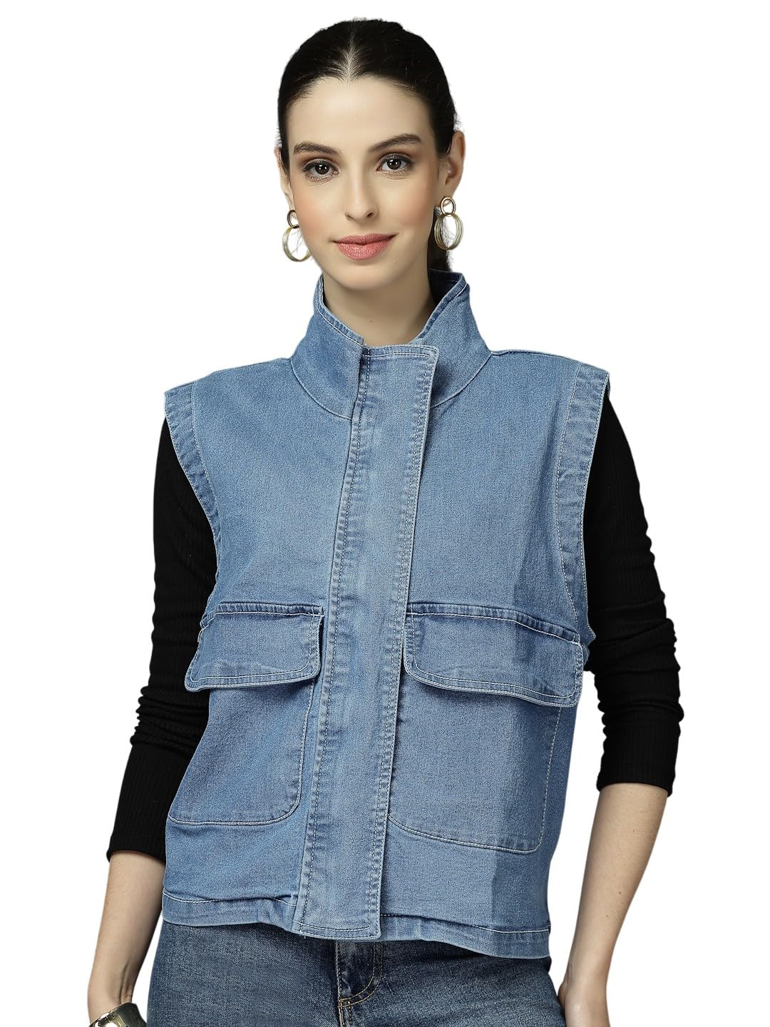 style quotient WOMEN LIGHT BLUE STAND COLLAR DENIM JACKET-picture-10