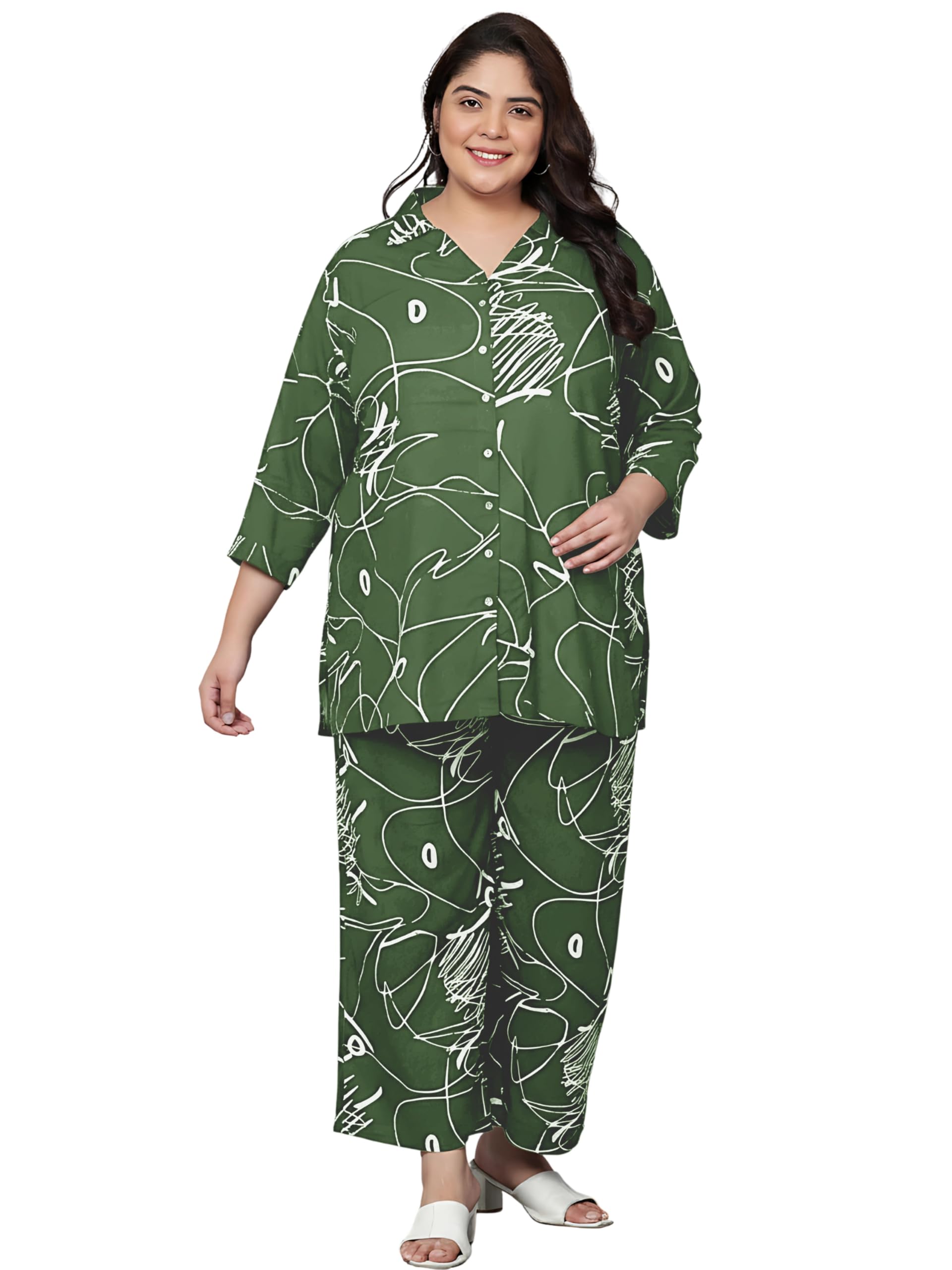 Women Plus Size Scribble Print Rayon Shirt and Trousers Co-Ord Set