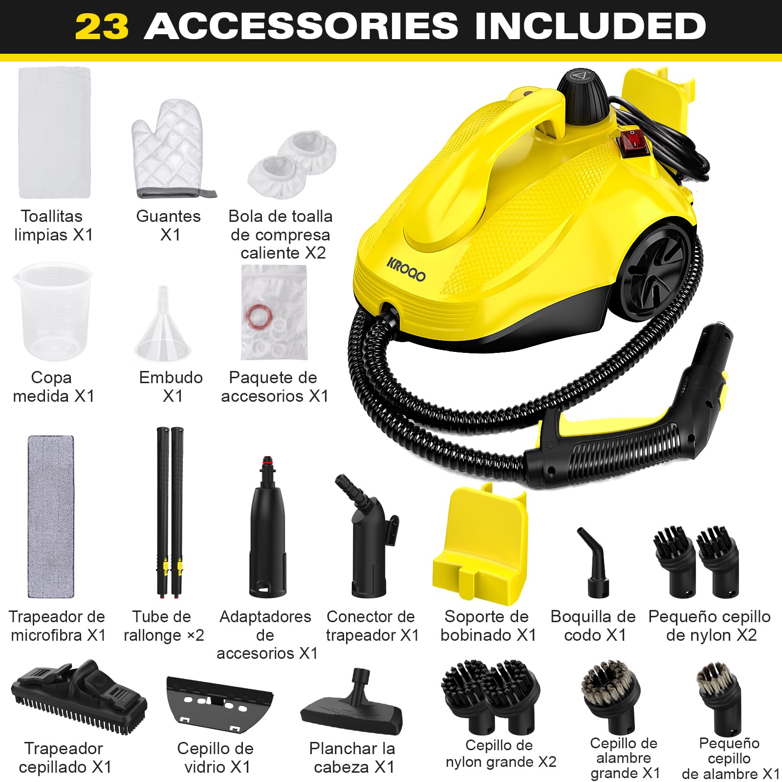 Limpiador a vapor con 23 accesorios y cable de alimentación de 5 m para la limpieza de estufas, alfombras, sofás, tapicería, juguetes y suelos lisos.