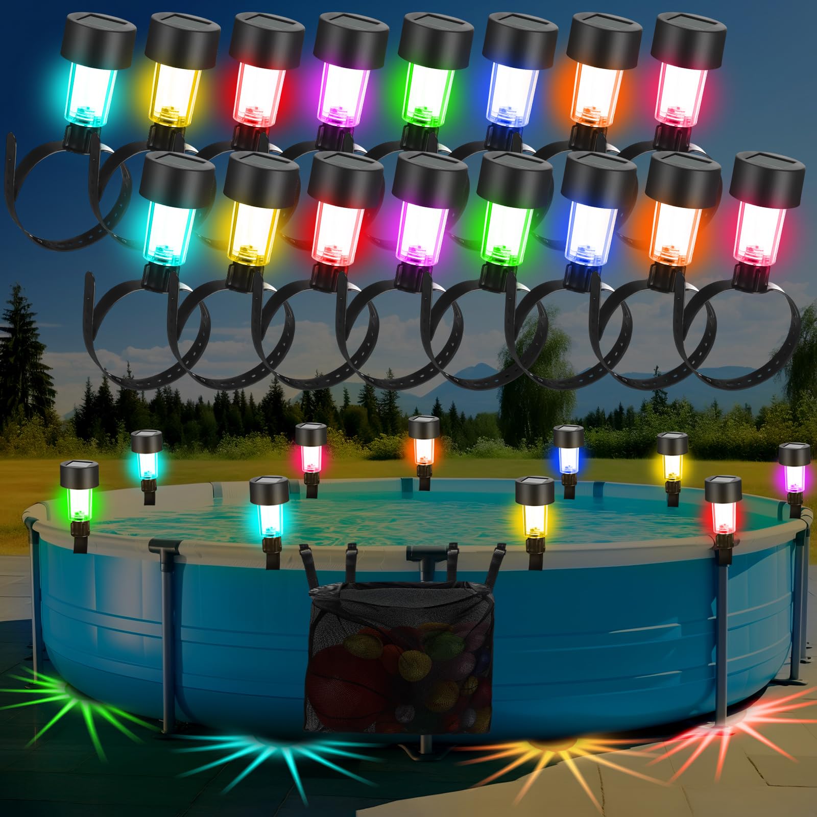 Photo 1 of Honoson 24 Pcs Solar Pool Side Lights for Above Ground Pools with 1 Hanging Storage Bag Outdoor Swimming Pool Fence Decoration Accessories Waterproof LED Colorful Light