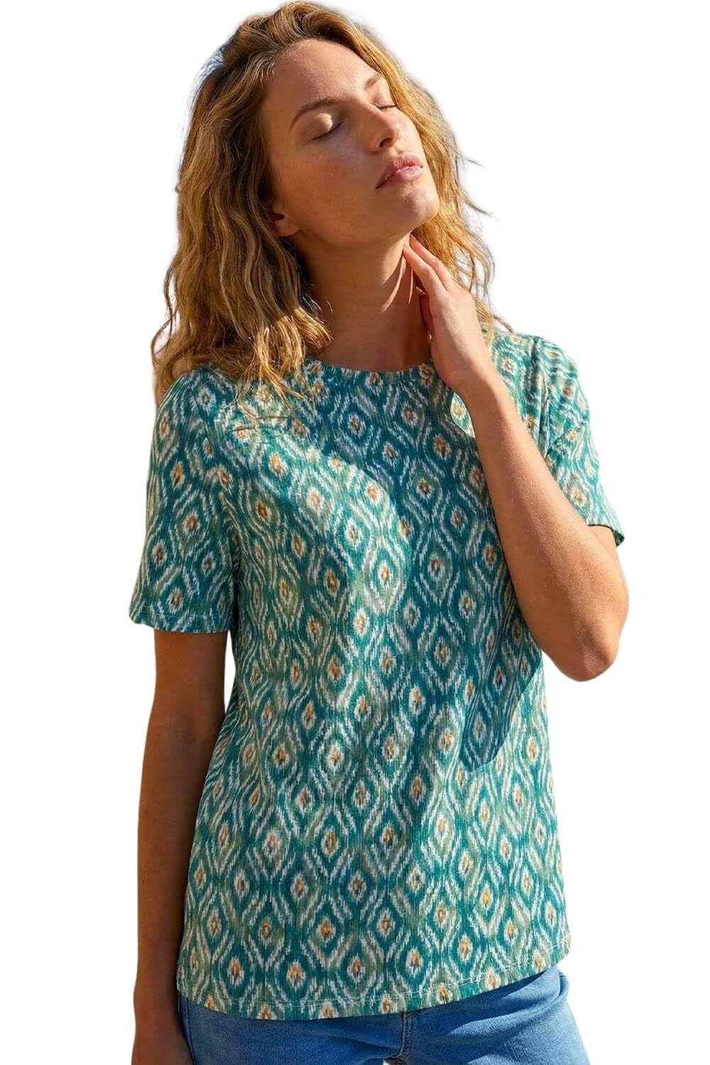 Roman Originals Women's Teal Textured Spot Stretch Top For Uk - Everyday Autumn Winter Round Neckline Comfy Soft Evening Vacation Work Party Night Out - Size 18