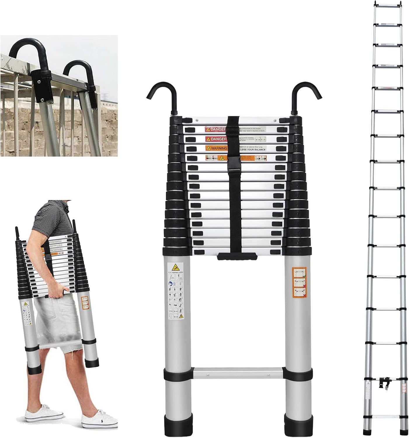 Telescoping Ladder 20FT Aluminum Extension Ladder with 2 Detachable Roof Hooks(2.8"), Rv Ladder, Attic Ladder, Roof Ladder, Multi-Purpose Collapsible Ladder for Christmas Decorations, 330lbs Capacity