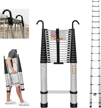 Telescoping Ladder 20FT Aluminum Extension Ladder with 2 Detachable Roof Hooks2.8", Rv Ladder, Attic Ladder, Roof Ladder, Multi-Purpose Collapsible Ladder for Christmas Decorations, 330lbs Capacity