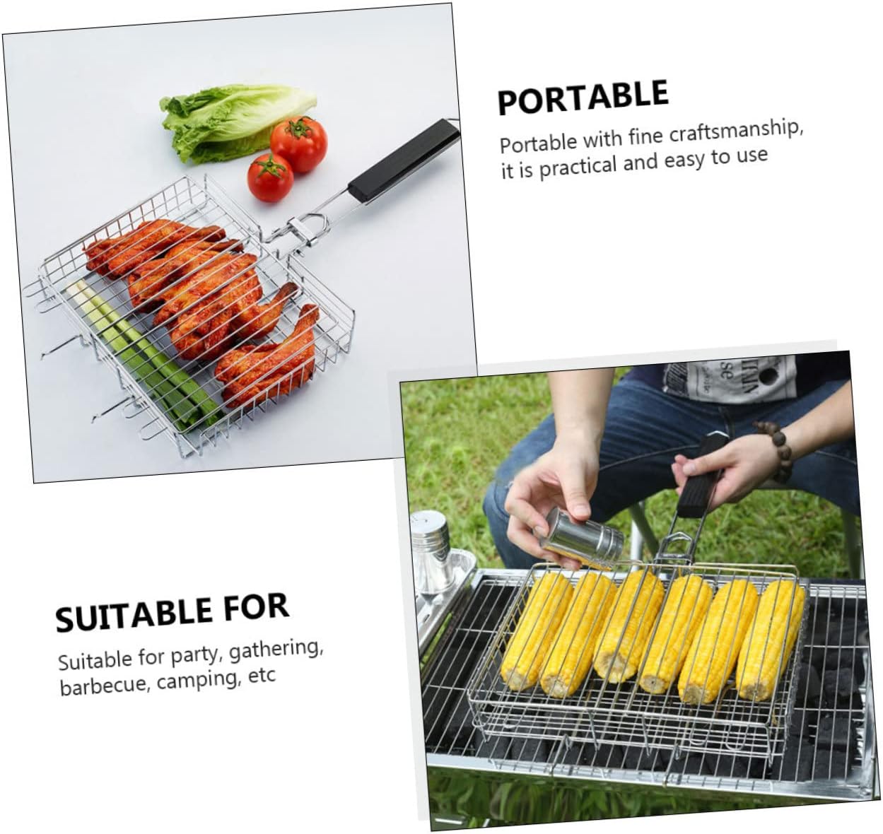 Garneck 1pc Folding Bbq Rack Stainless Steel Barbecue Grill Tool for Fish Chicken and Vegetables Outdoor Cooking Accessory for Home and Picnic Use