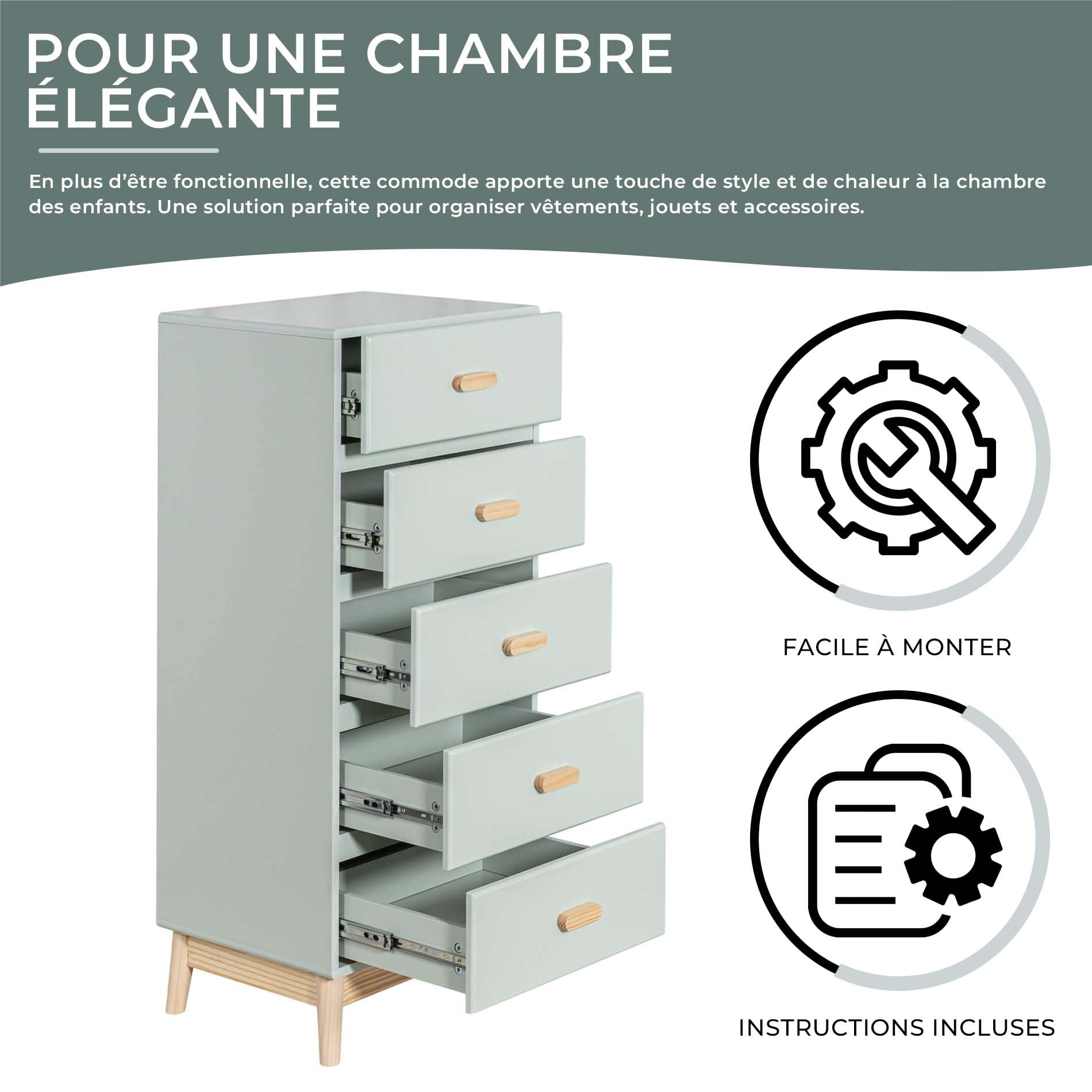 Rebecca Mobili Commode pour Enfants, Commode Gain de Place, Vert Eau Marron, Pin MDF, Style Scandinave, pour Chambre Montessori - Dimensions HxLxP: 115 x 50 x 40 cm - Art. RE6982