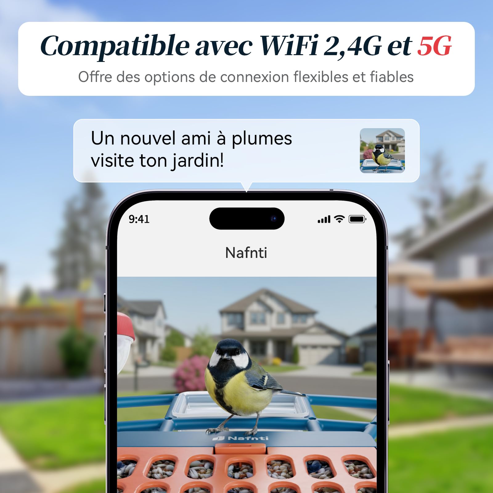 Mangeoire oiseaux extérieur avec caméra 2K, reconnaissance IA des espèces via application, solaire, WiFi 2,4/5 GHz, vision nocturne, notifications instantanées