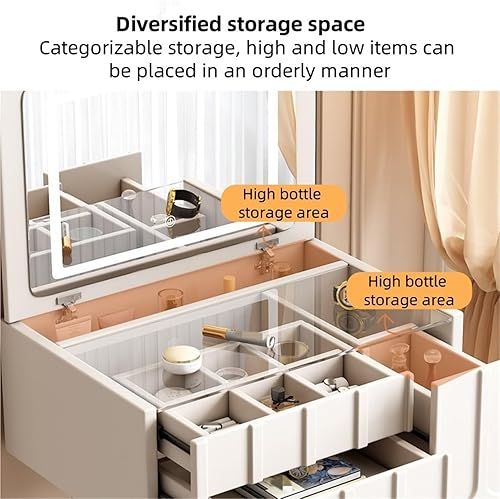 Miniatura 5 de Pequeño escritorio de maquillaje con cajones, juego de escritorio con espejo grande iluminado, 3 modos de iluminación, brillo ajustable, tocador