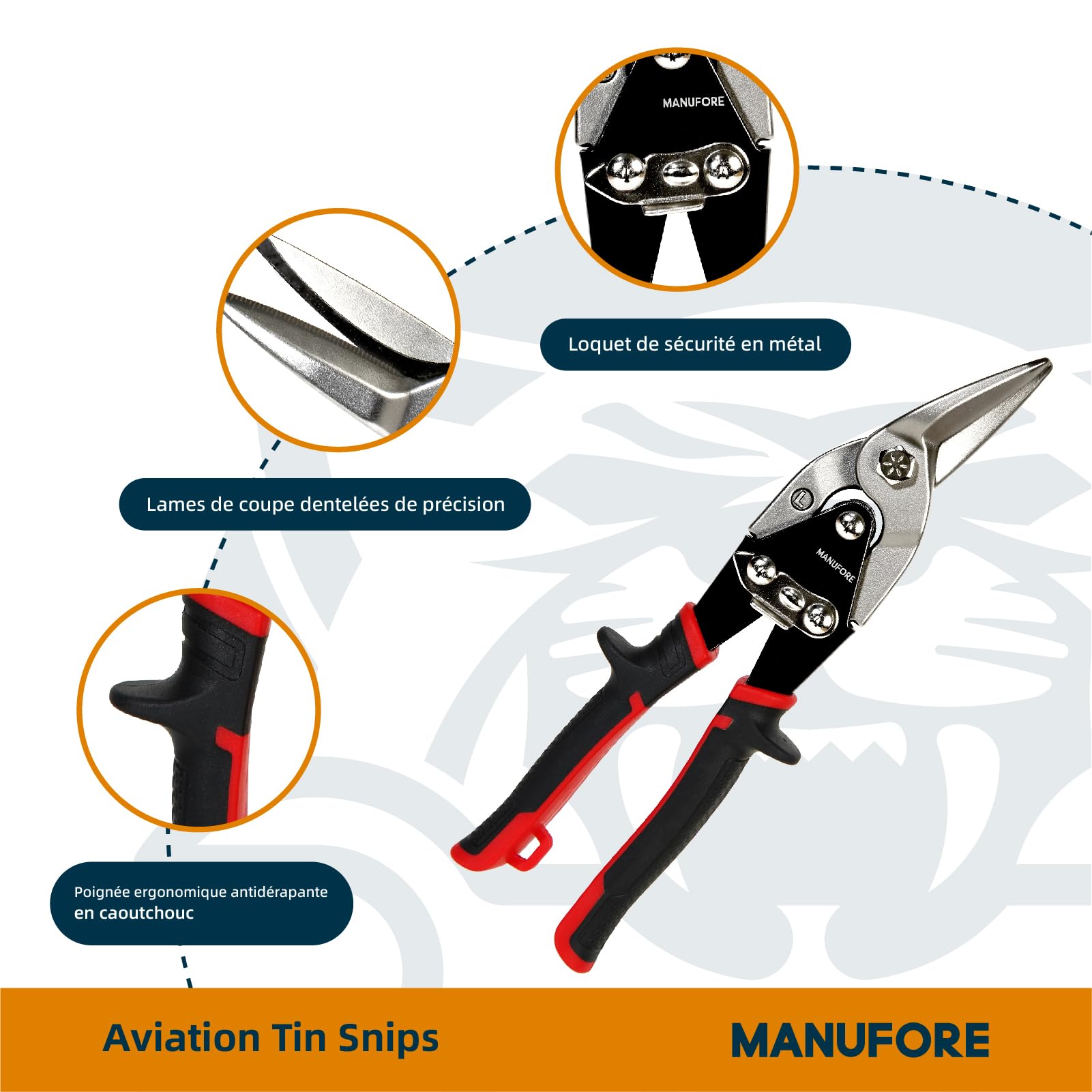 MANUFORE Cisaille Aviation 10 Pouces Set 3 Pièces, Coupe Gauche, Droite & Droite, Acier Chrome Vanadium CR-V pour Découpe de Tôle et Métal