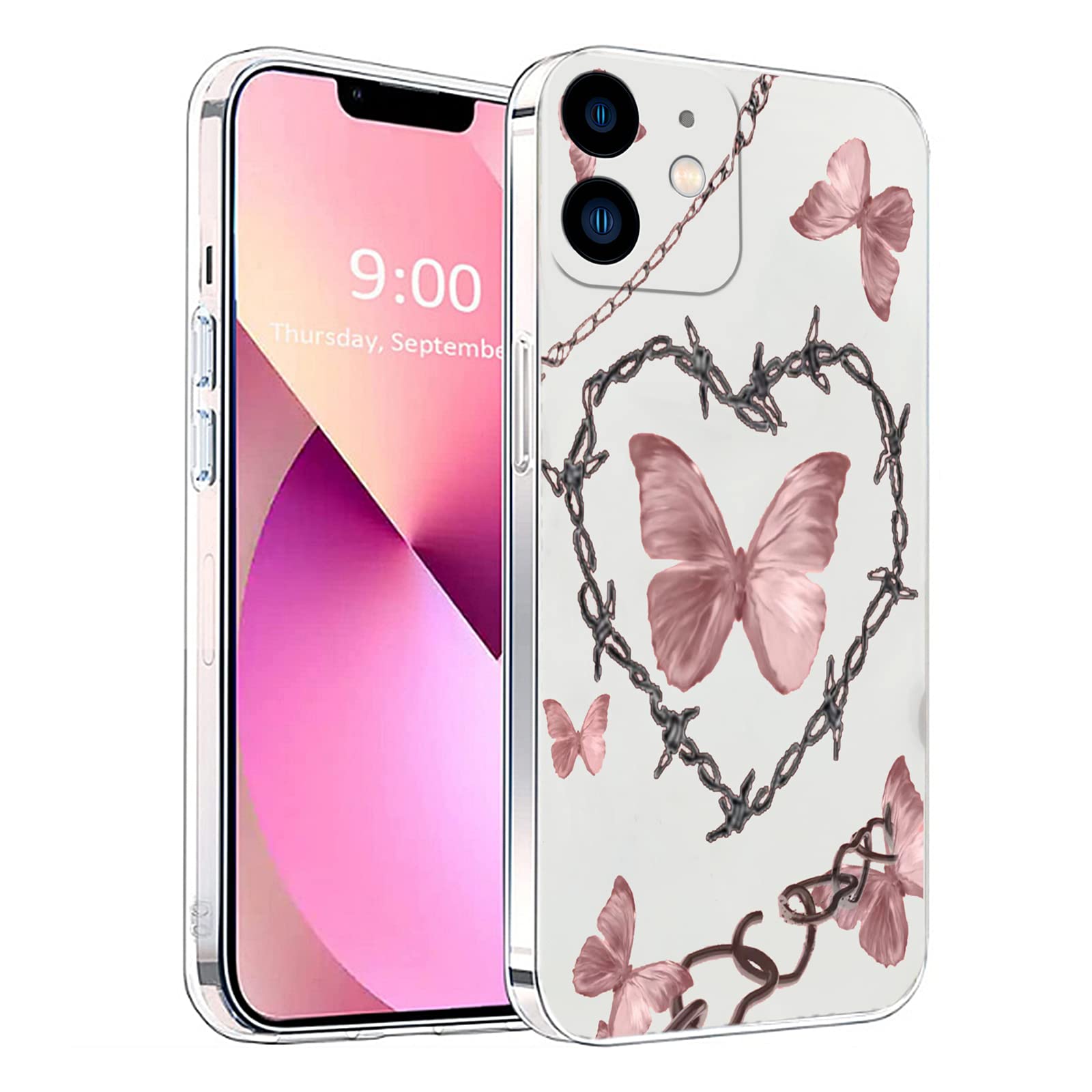 Xylota Cover per iPhone 12 6,1, Aesthetic Farfalle Disegni Motivo Ragazze Donne Custodia, Ultra Sottile Silicone Morbida TPU Antiurto Antigraffio Bumper Protettiva Case per iPhone 12, Nero