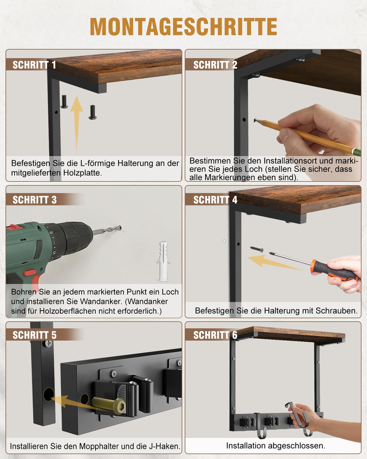 Porta scope da parete con mensola superiore in legno, supporto in metallo resistente per accessori di pulizia con 4 supporti e 3 ganci per lavanderia, garage, ripostiglio e cucina (Piccolo)