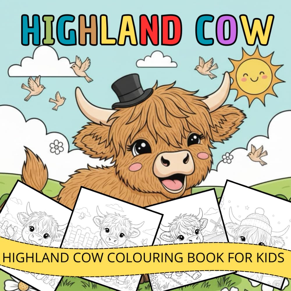 highland cow colouring book: Cute and Easy Coloring Pages Featuring Scottish Highland Cows, Flowers, Butterflies, and Peaceful Nature Scenes