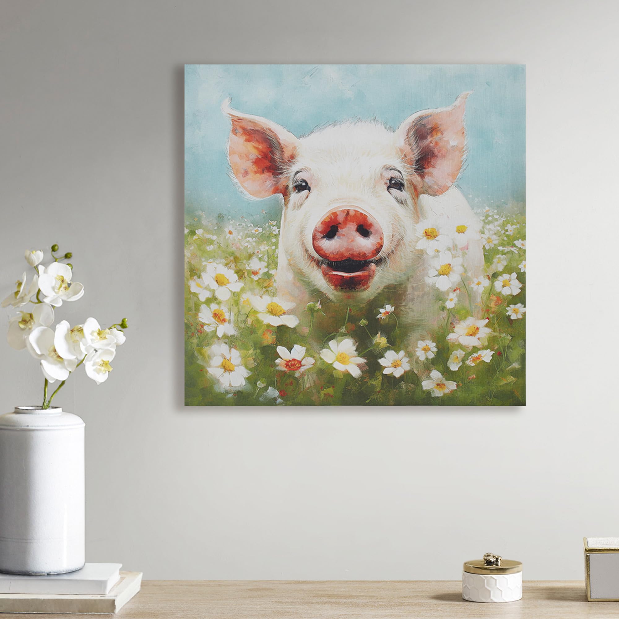 Madison Park Farm Animal Wall Art, Botanical Animal Canvas Wall Decor for Bedroom, Floral Printed And Stretched On Wooden Frame, Ready To Hang, Nursery, Living Room Décor - Pig Sunshine Animals