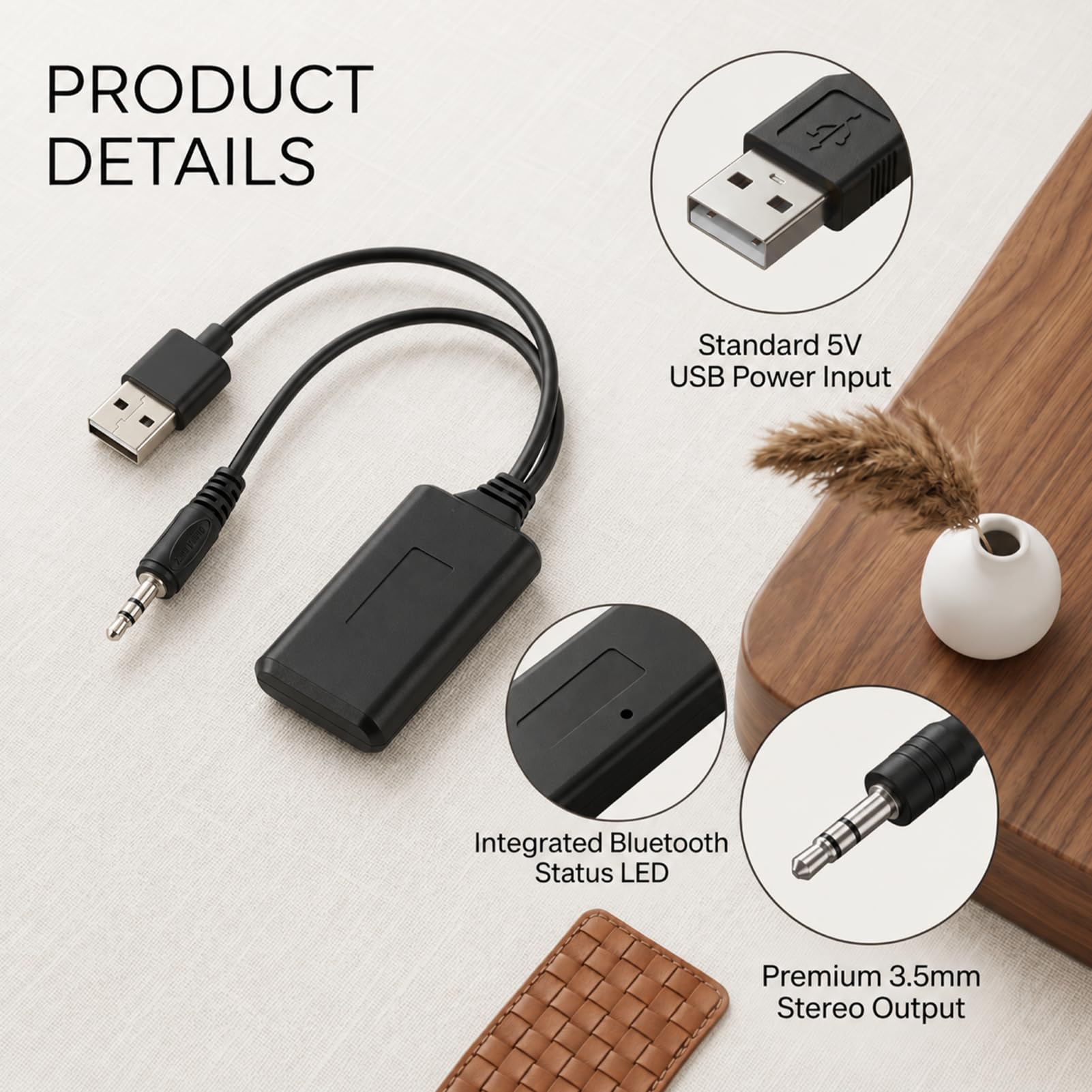 Bluetooth-AUX-Adapter für Auto 5.0, kabelloser Bluetooth-Empfänger, 3,5 mm, kabellos, 3,5 mm Klinkenstecker, mit USB-Stromversorgung, Stereo-Musik-Streaming, kompatibel mit Autoradio, Lautsprecher, PC