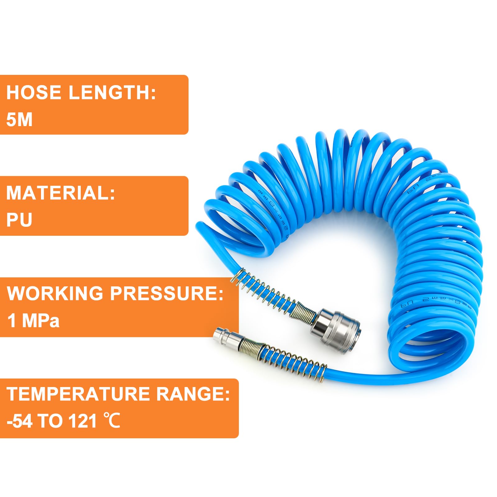 GASHER 1/4" x 5m Polyurethane Recoil Air Hose 8mm OD with Bend Restrictor, 1/4" Europe Quick Coupler and Plug, for Air Compressor Blue - Image 4