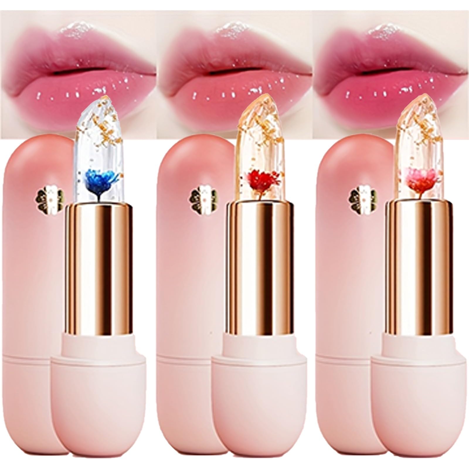 3 Pcs Color-Changing Flower Lipsticks Clear Jelly Lip Gloss Set