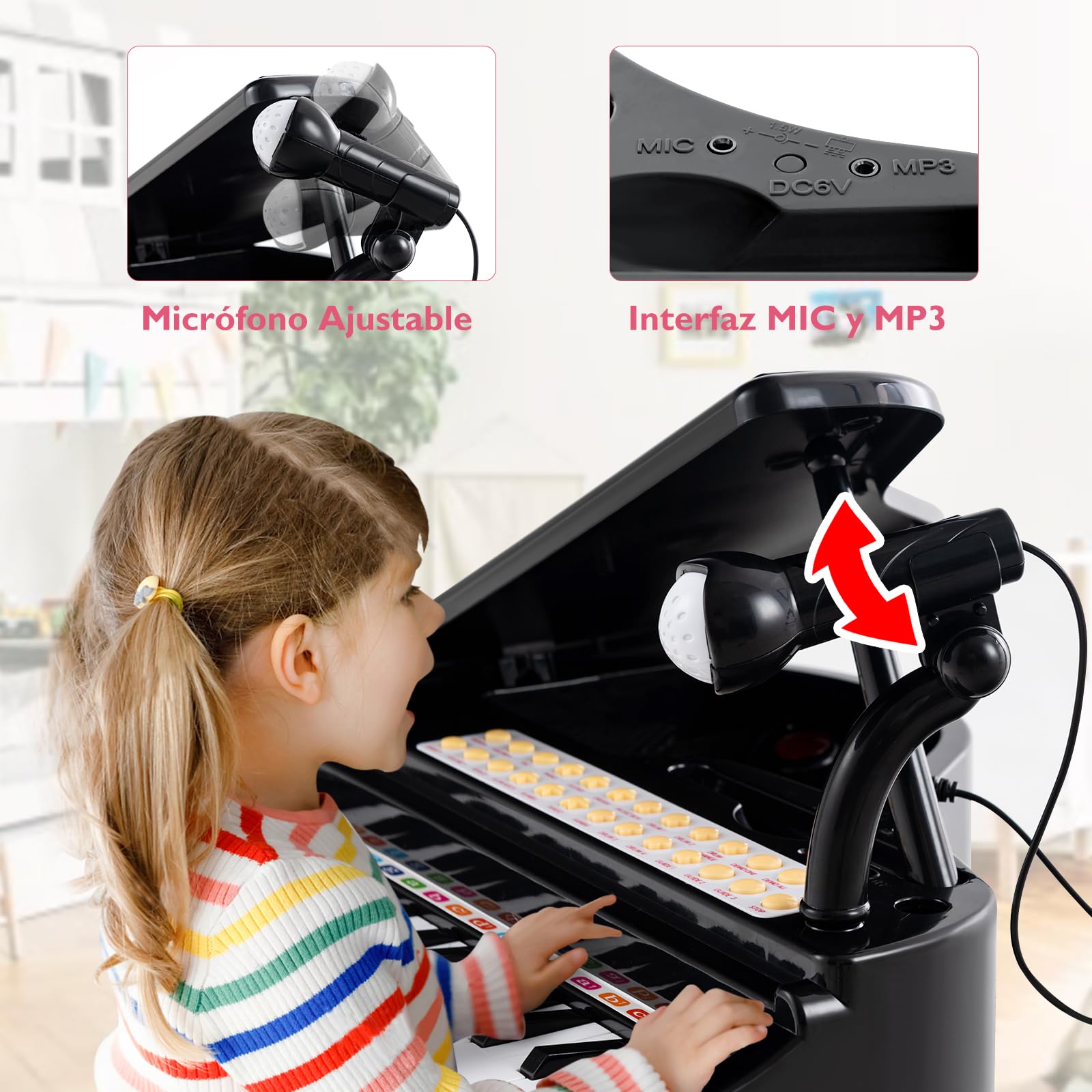 GOPLUS Piano Infantil de 31 Teclas, Piano Electrónico para Niños con Taburete, Micrófono y 3 Modos de Aprendizaje, Juguete Musical, Niños (Negro)