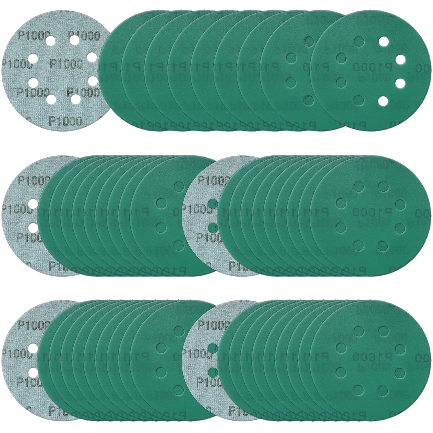 5 Inch 8 Hole Sanding Discs, 50 Pcs Wer Dry Sandpaper 1000 Grit Hook and Loop Green Polyester Film Backed Sanding Disc for Random Orbital Sander Wood