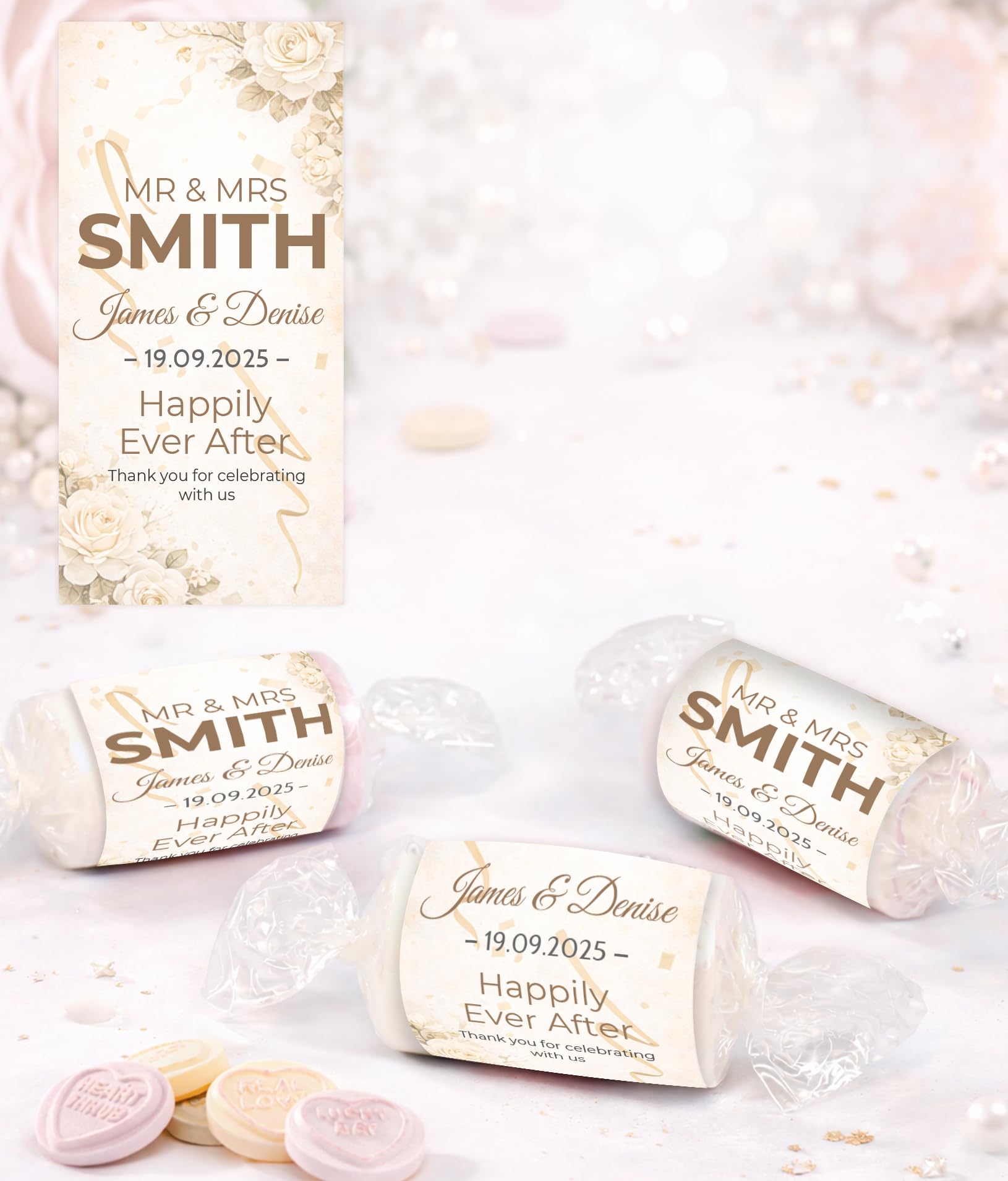 Personalised Wedding Favours Love Hearts Sweets, Happily Ever After Design, Custom Wrapped Mini Sweets, Mr & Mrs Wedding Favours UK (Champagne Gold)
