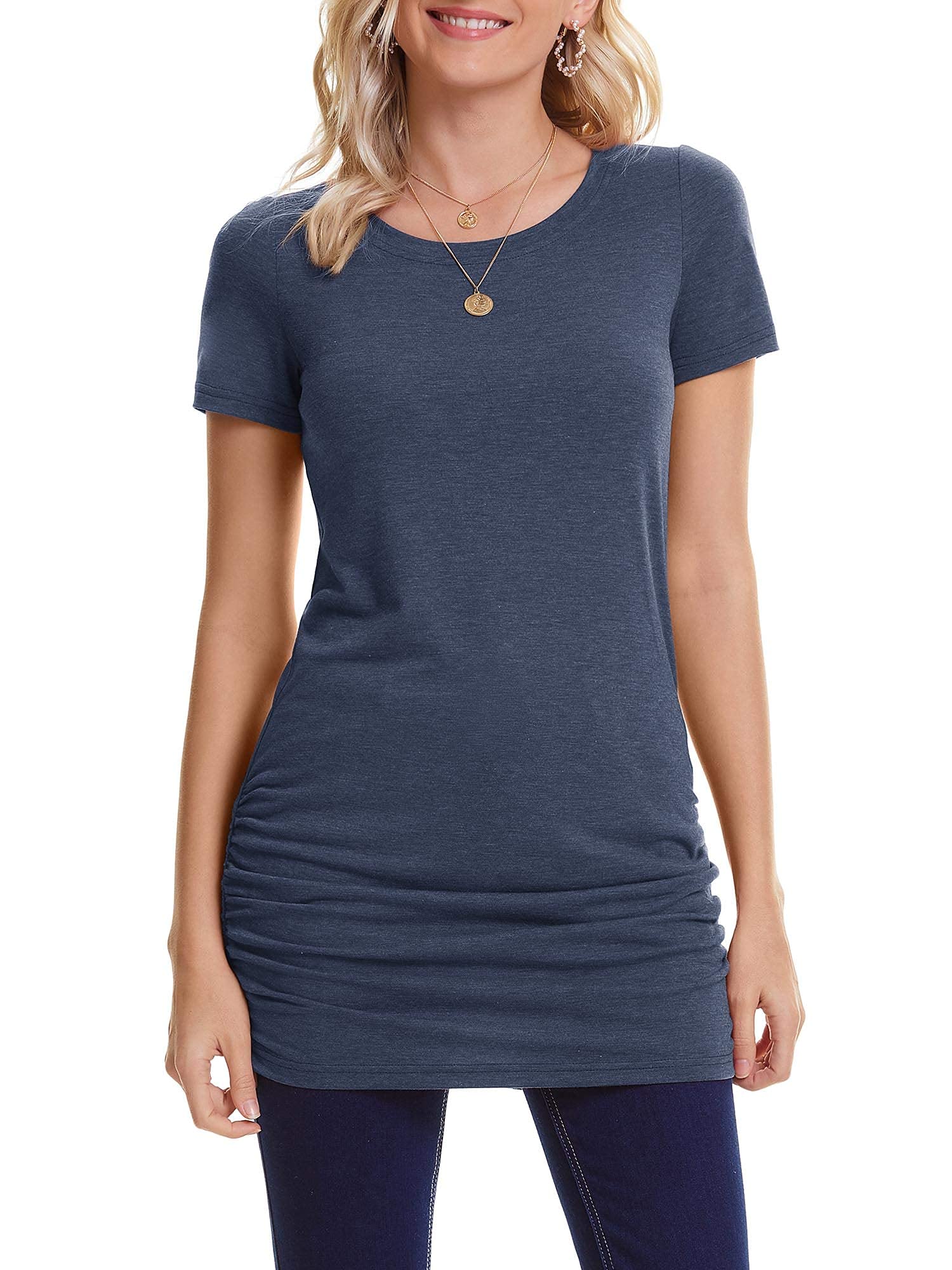 TORARY Women's 2024 Casual Long Sleeves Slim Fit Crew Neck Ruched Tunic Top T-Shirt Dress