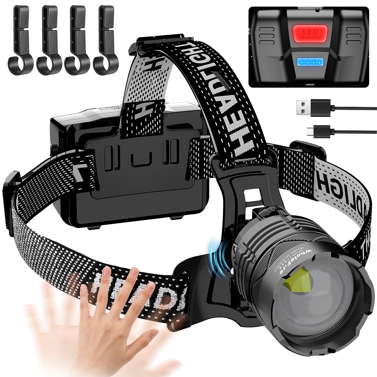 WholeFire Rechargeable LED Head Torch 20000 Lumens, Super Bright Headlamp with 3 Light Modes & Motion Sensor, 90° Adjustable & Waterproof Head Flashlight for Camping, Running, Hiking