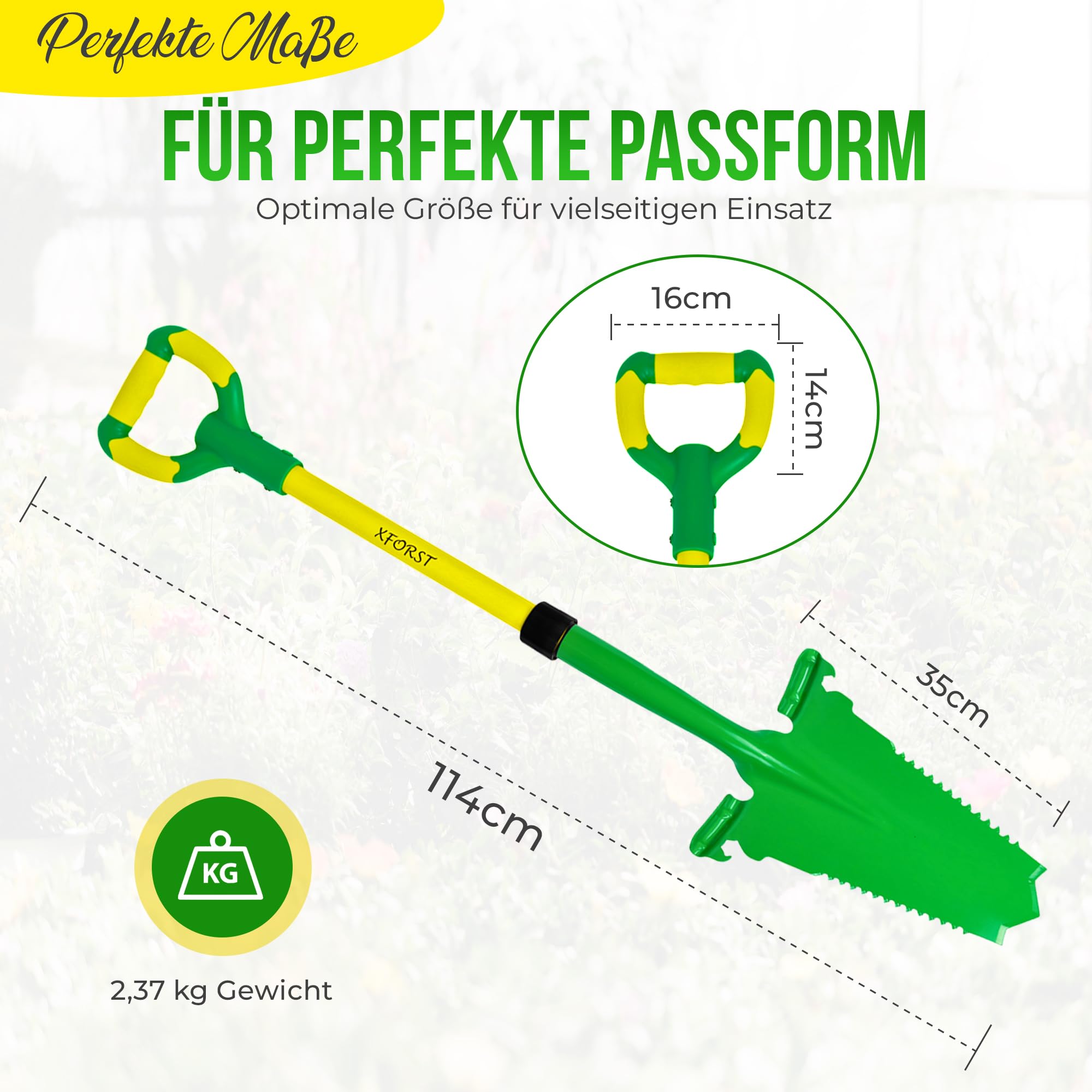 Xforst Vanga da Giardino SZ3 – Vanga con Sega per Radici 114 cm – Lama in Acciaio al Carbonio 25×35 cm – Manico in Fibra di Vetro Giallo con Impugnatura Ergonomica – Attrezzo da Giardinaggio e Outdoor