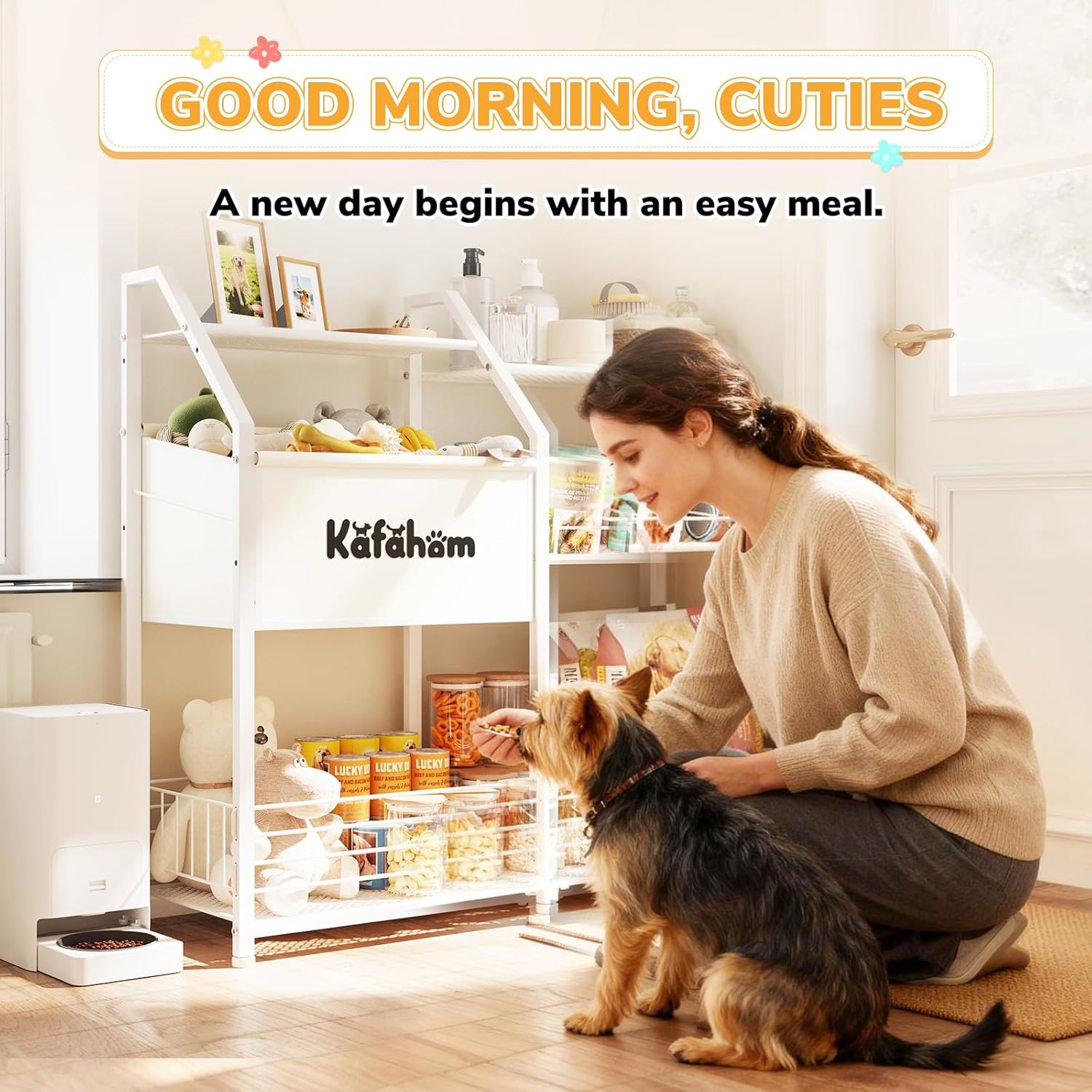 KAFAHOM Dog Toy Basket, Large Dog Toy Bin with Can Dispenser, Pet Toy box with Storage Shelf, Dog Stuff with Collar Leash Holder Rod, Ultimate Pet Furniture & Essentials, Dog Lover Gifts