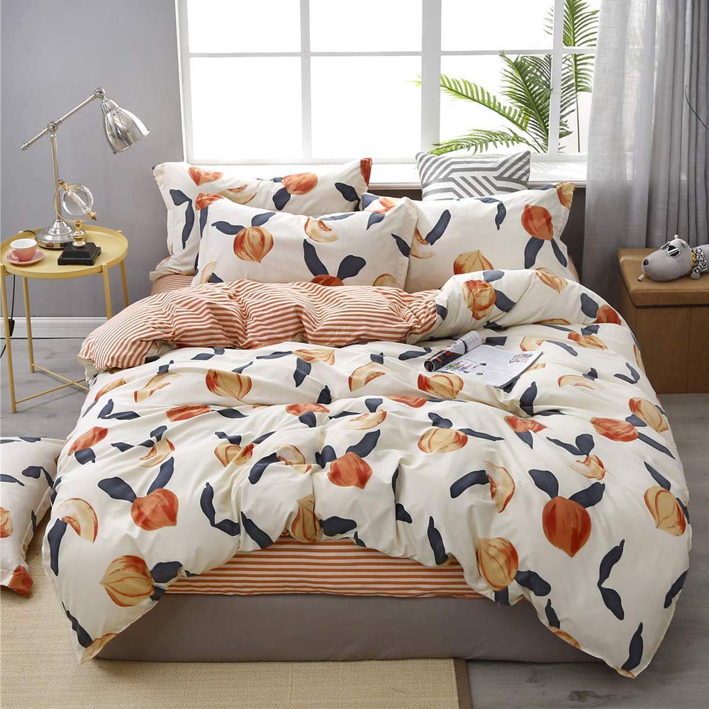 Kids Comforter Cover King Size Children Girls Fruits Peach Bedding Set Stripe Decorative 3 Pieces Cartoon Tropical Duvet Cover Set Cute Tapestry Bedspread Cover with 2 Pillowcase Microfiber Zipper - Image 2