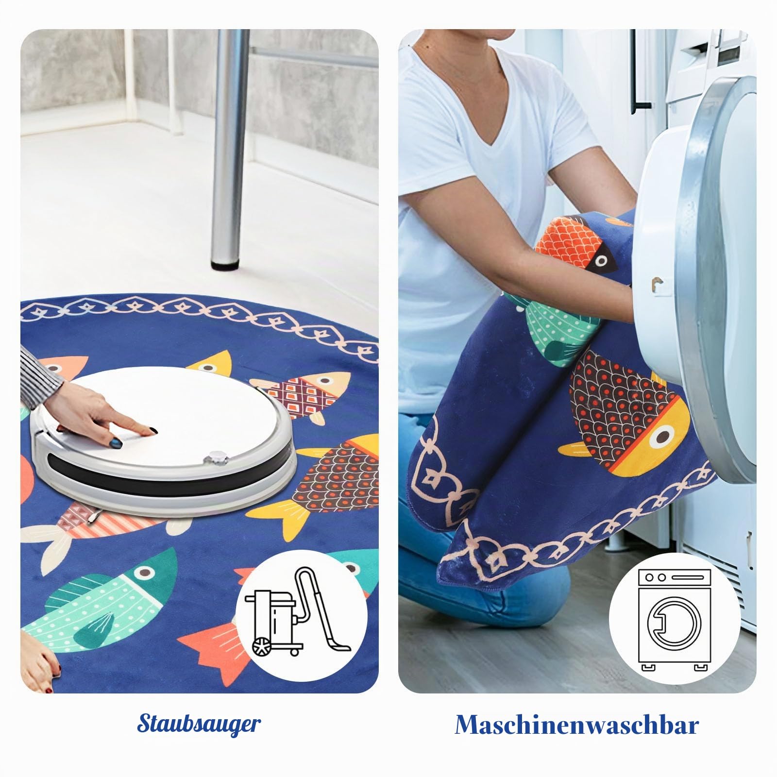 Betadistor Maschinenwaschbarer runder Teppich, 120 cm, rutschfest, Marineblau mit Fisch-Druck, runder Teppich, Überwurfteppich für Wohnzimmer, Küche, Bad, Schlafzimmer, Kreisteppich, blaue Fische,