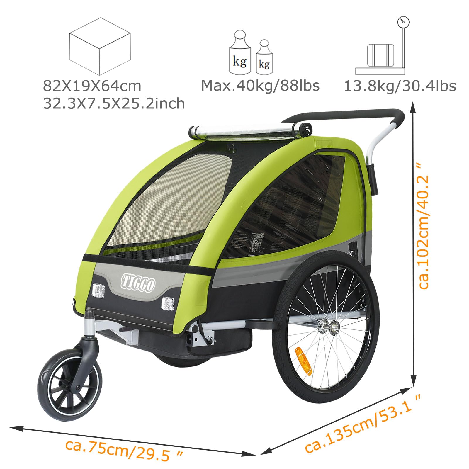 Tiggo T2 Remorque Enfants Vélo 2 en 1 Poussette Jogger Buggy 360° Roue Avant