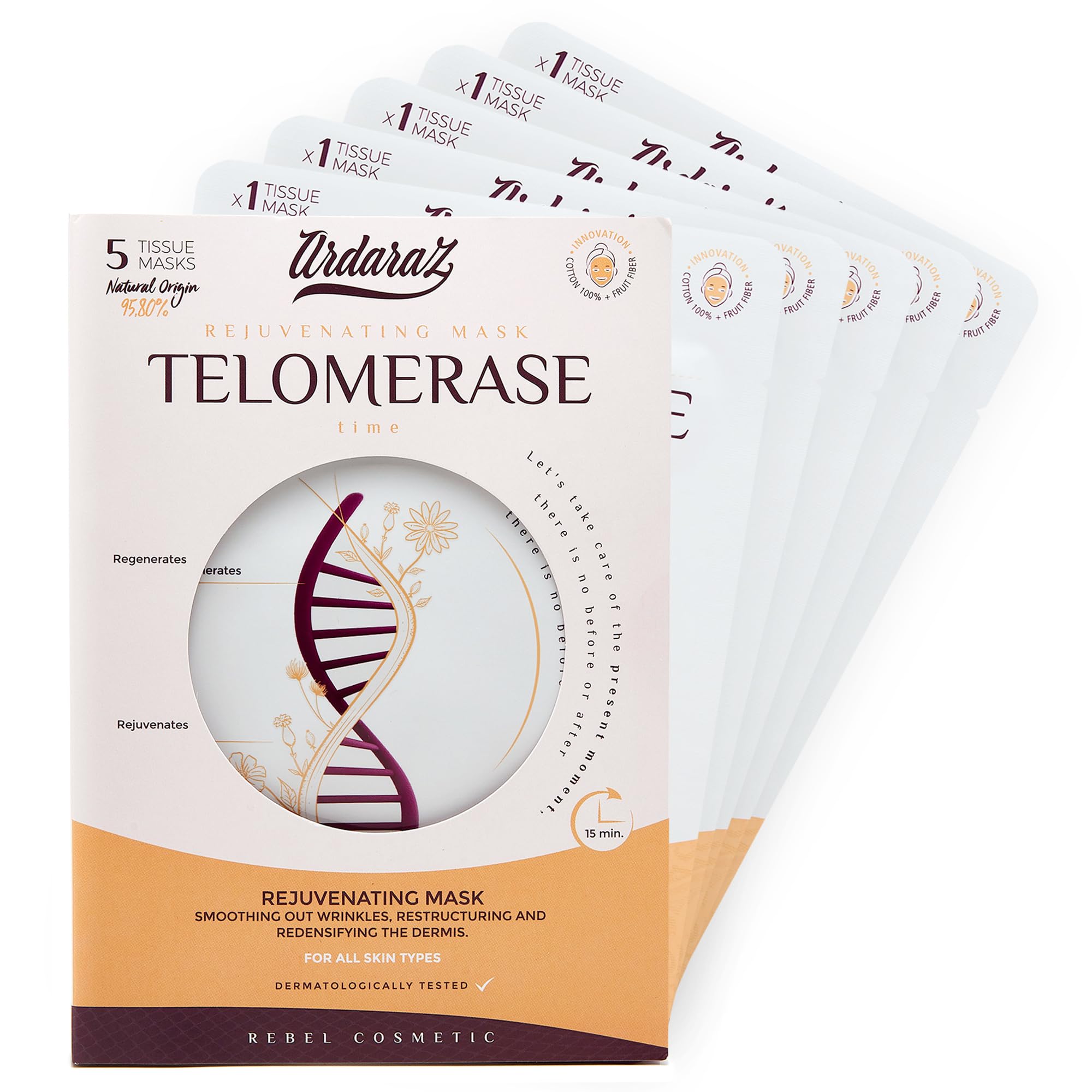 Ardaraz Mascarilla Facial Hidratante Antiedad con Telomerasa y Acido Hialurónico. Mascarillas para la cara Efecto de Relleno para una piel más firme. Mascarillas faciales pack de 5