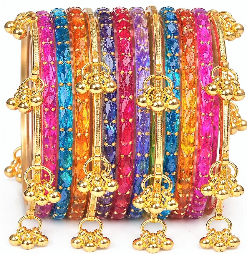 Image of JPS 16 Pcs Trendy Stylish Glass & Kashmiri Ghungroo Bangles Set for Women & Girls | Gold-Plated Traditional Festive Wedding Party Jewellery Chudi Set (12 Glass + 4 Metal)