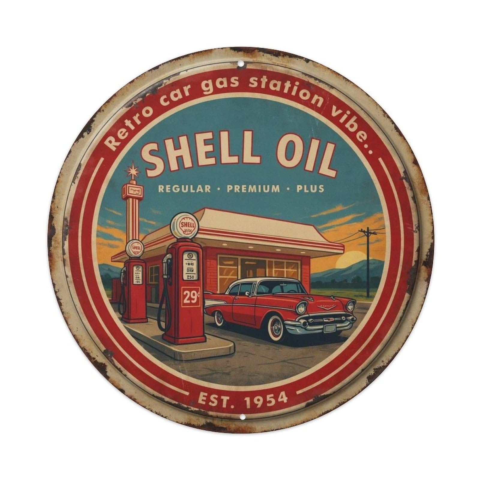 Retro Car Gas Station Vibe. Metal Tin Sign Plaque